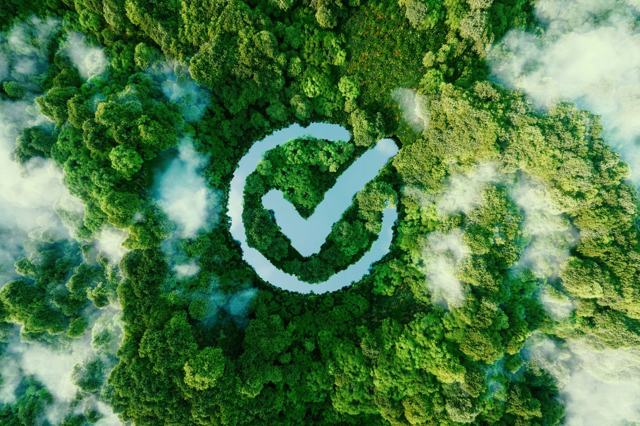 Overhead view of a green forest with a waterway forming a checkmark symbol, representing reliability, precision, and successful outcomes.