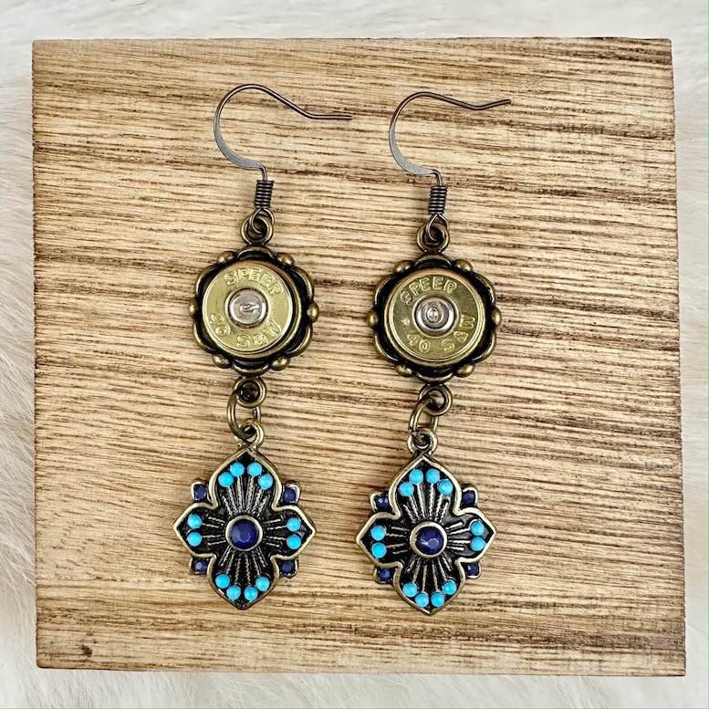 bullet earrings 40 caliber brass turquoise blue dangles.jpeg
