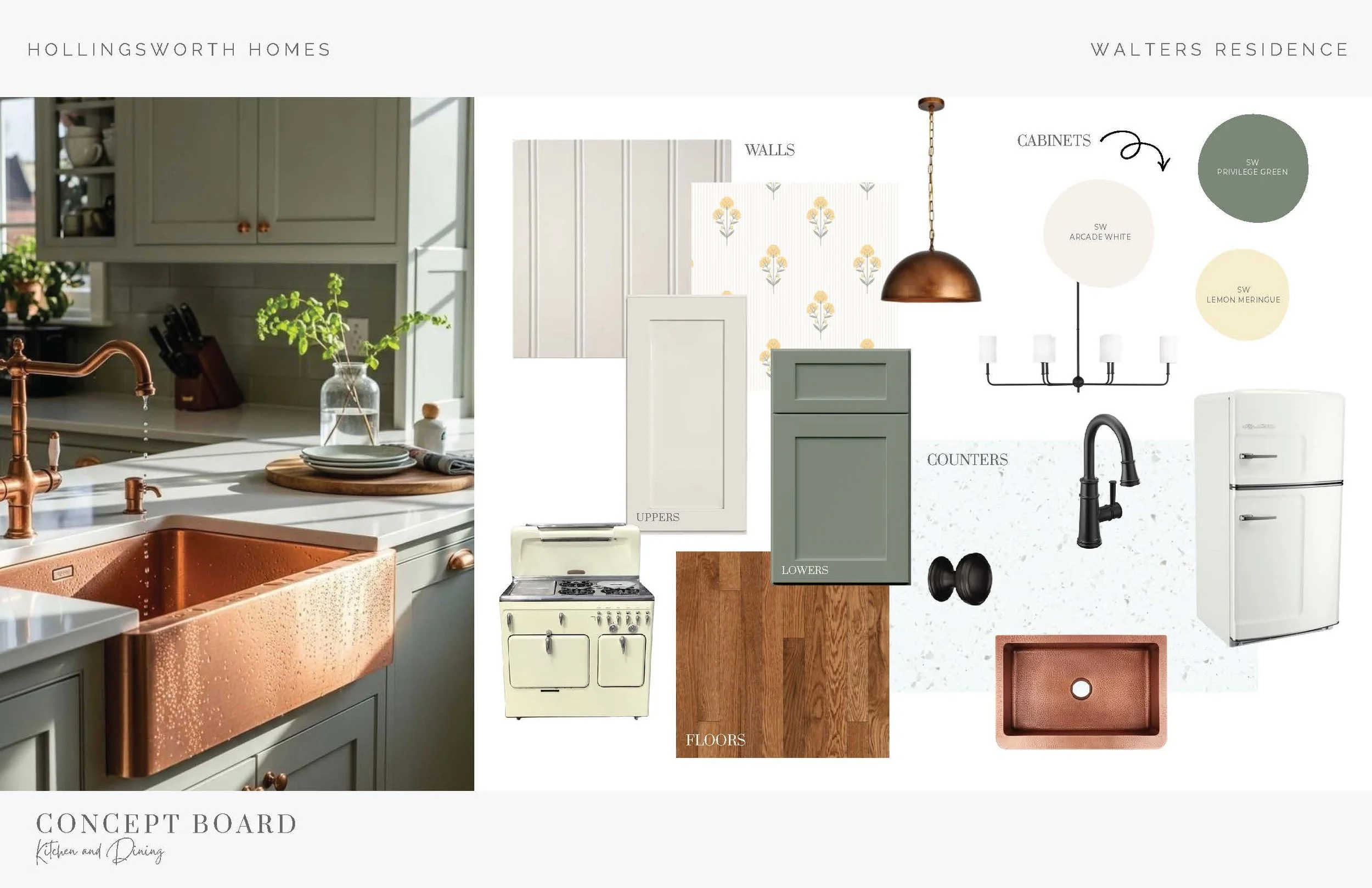 Vintage farmhouse concept design board includes dimpled copper sink, copper pendent lights, sage green lower cabinets, arcade white upper cabinets, painted bead board, and floral wallpaper