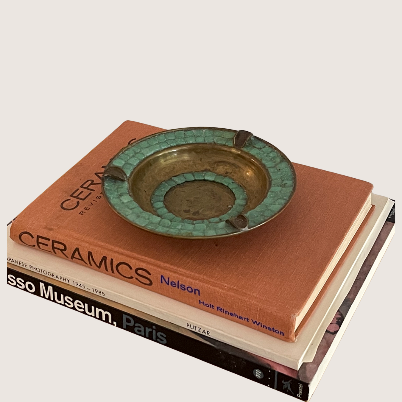 Vintage Rare Mexican Mosaic Turquoise and Brass Handmade Ashtray