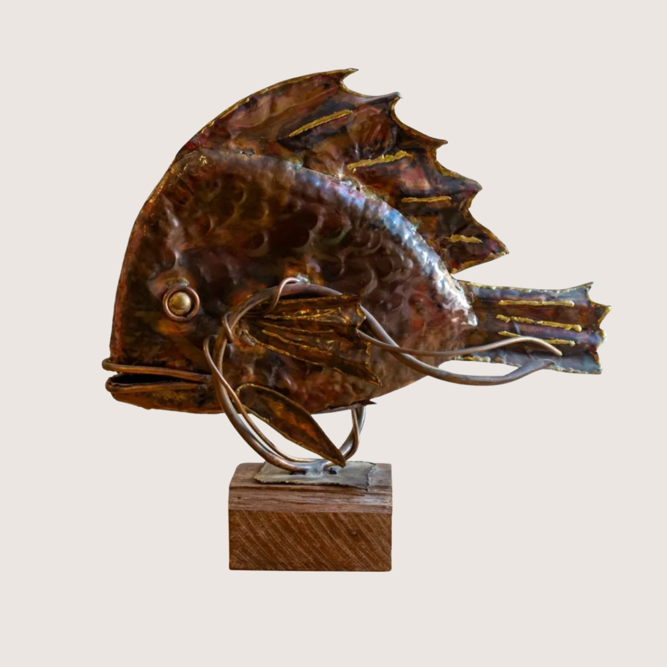 Vintage Handmade Brutalist Copper and Brass Fish Sculpture on Wooden Base