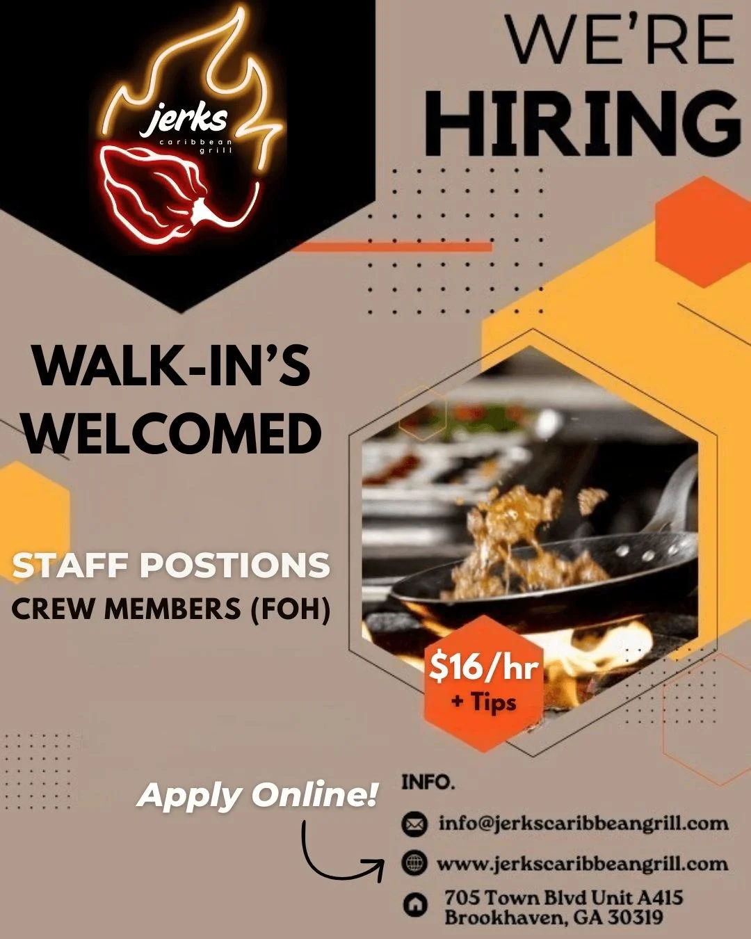 We&rsquo;re Hiring!🚀🔥

Jerks Caribbean Grill is looking for committed Crew Members to join our team at 705 Town Blvd, Brookhaven!

✅ AM &amp; PM shifts available
✅ Full-time &amp; part-time positions
✅ Walk-ins welcome for in-person interviews

📩 