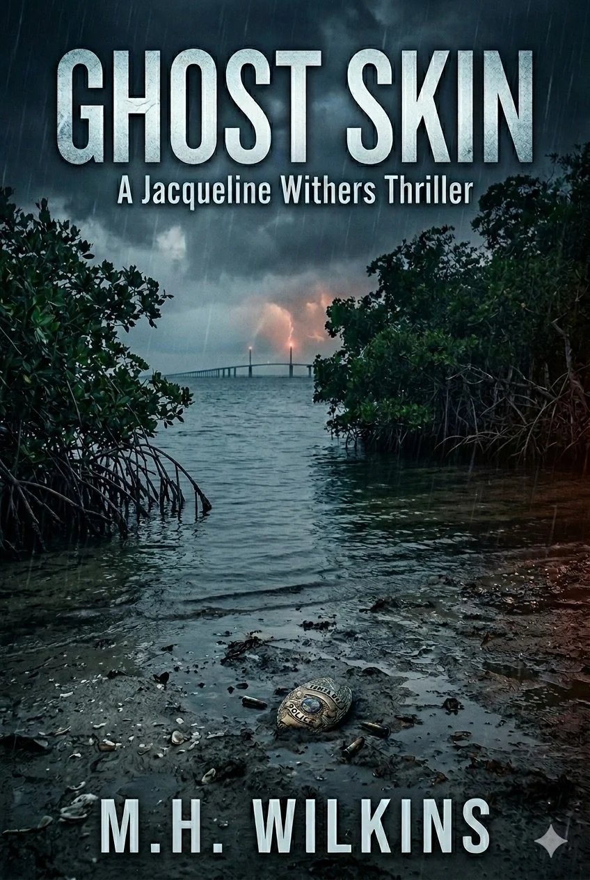 Book cover for 'Ghost Skin' by M.H. Wilkins, showing a view over water with mangroves on both sides, a dark stormy sky, a bridge in the distance, and a police badge on the muddy ground in the foreground.