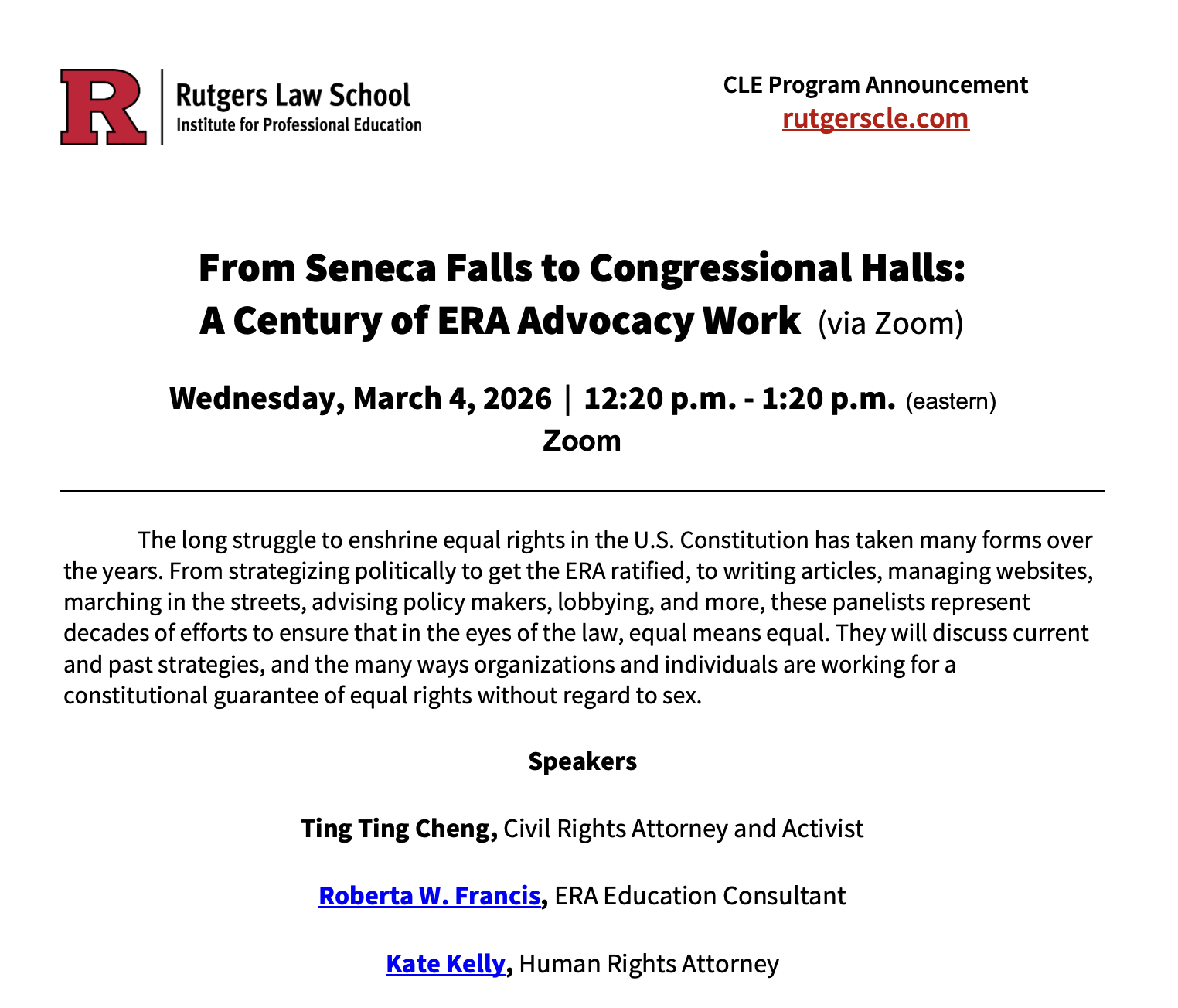 Rutgers Webinar: From Seneca Falls to Congressional Halls: A Century of ERA Advocacy Work