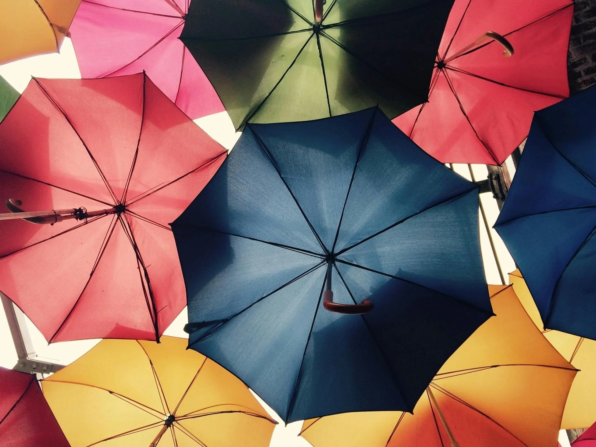 Colorful umbrellas viewed from below, overlapping in a canopy pattern.