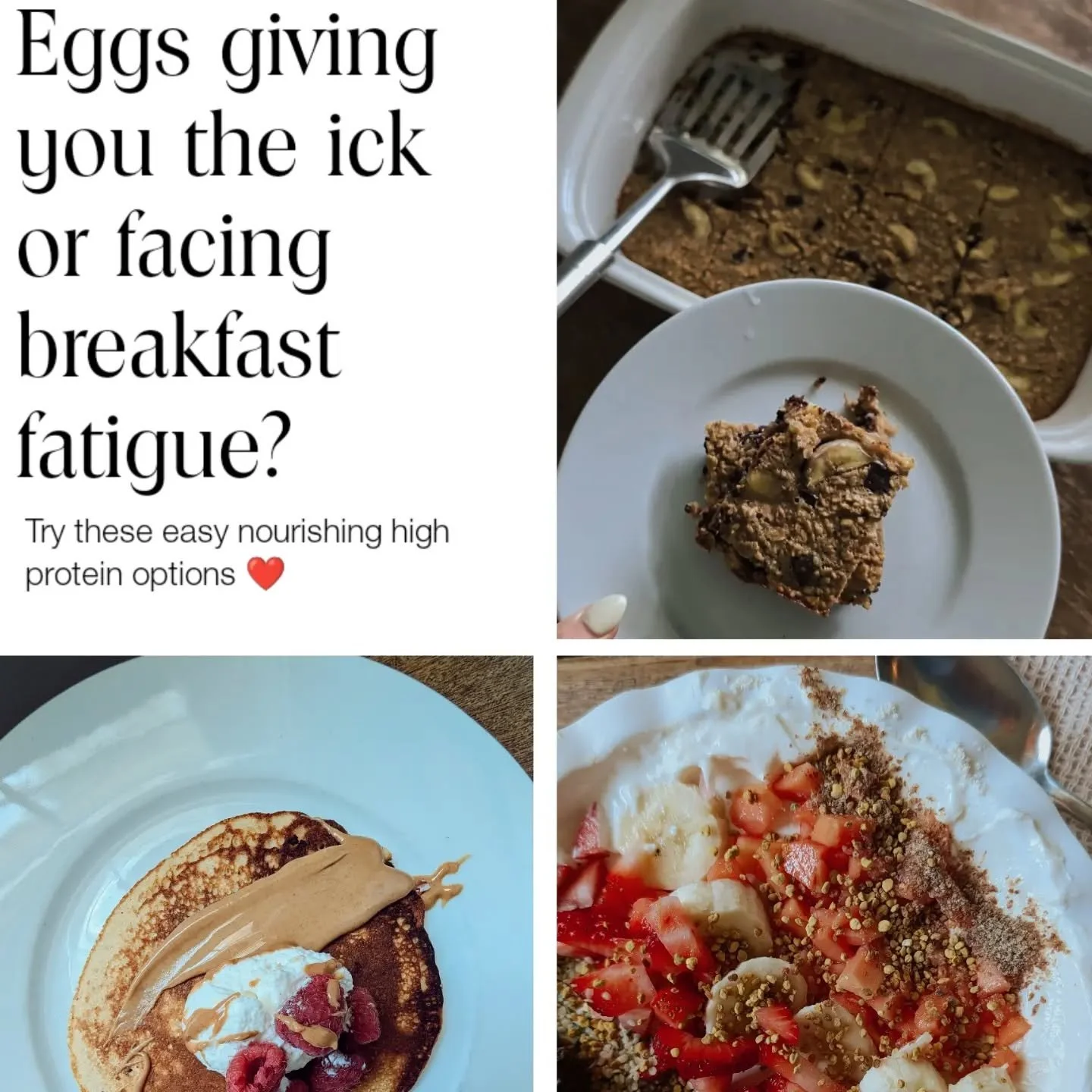 I love eggs but sometimes I need a break! The Greek yogurt protein add is the best on busy mornings! So much protein in so little time ❤️ And the chocolate oat bake is my luteal phase to go! 

Nourished morning 
Easy peasy high protein healthy breakf
