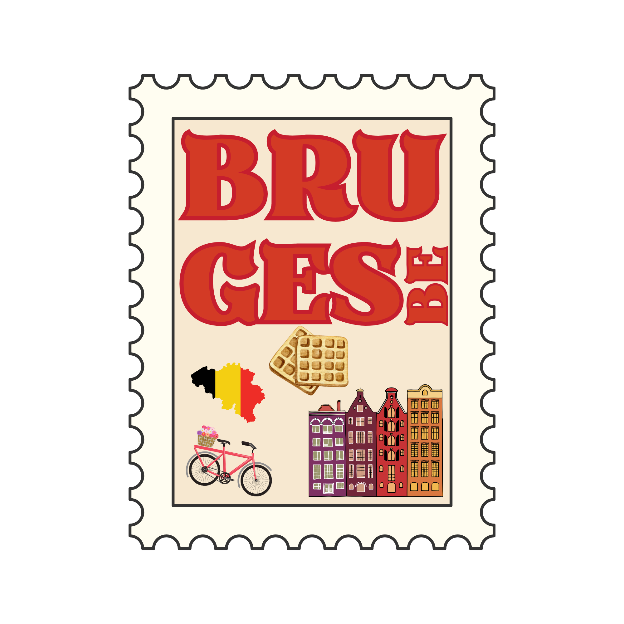 A colorful illustrated postcard with a drawing of a waffle, a bicycle, and buildings, along with a map of Belgium marked in black, yellow, and red.