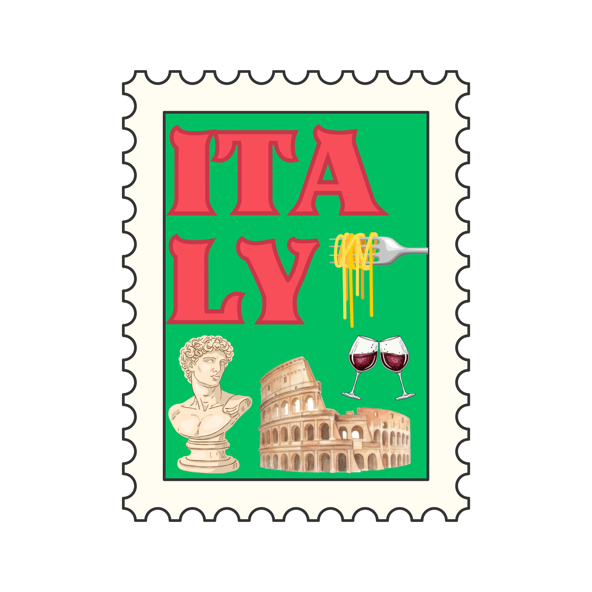 A postage stamp with the words 'TTA' and 'Italy', featuring images of wine glasses, ancient Roman statues, and the Colosseum.