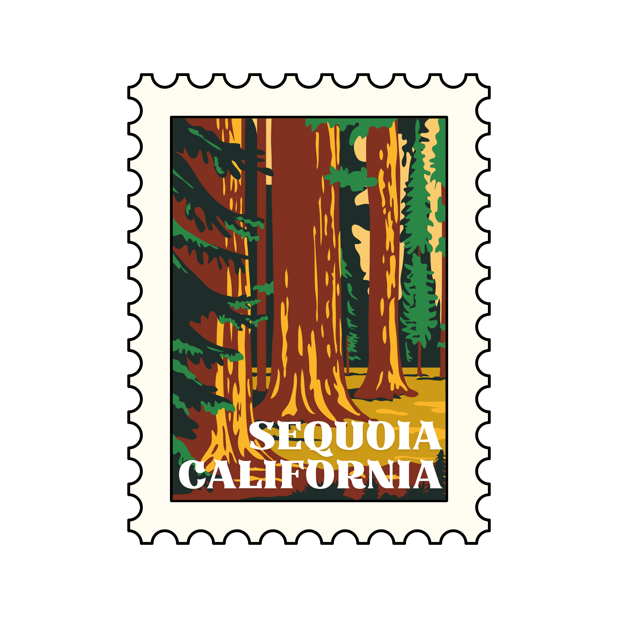 Illustrated postage stamp of Sequoia National Park featuring a redwood tree with green foliage, labeled 'SEQUOIA CALIFORNIA'.