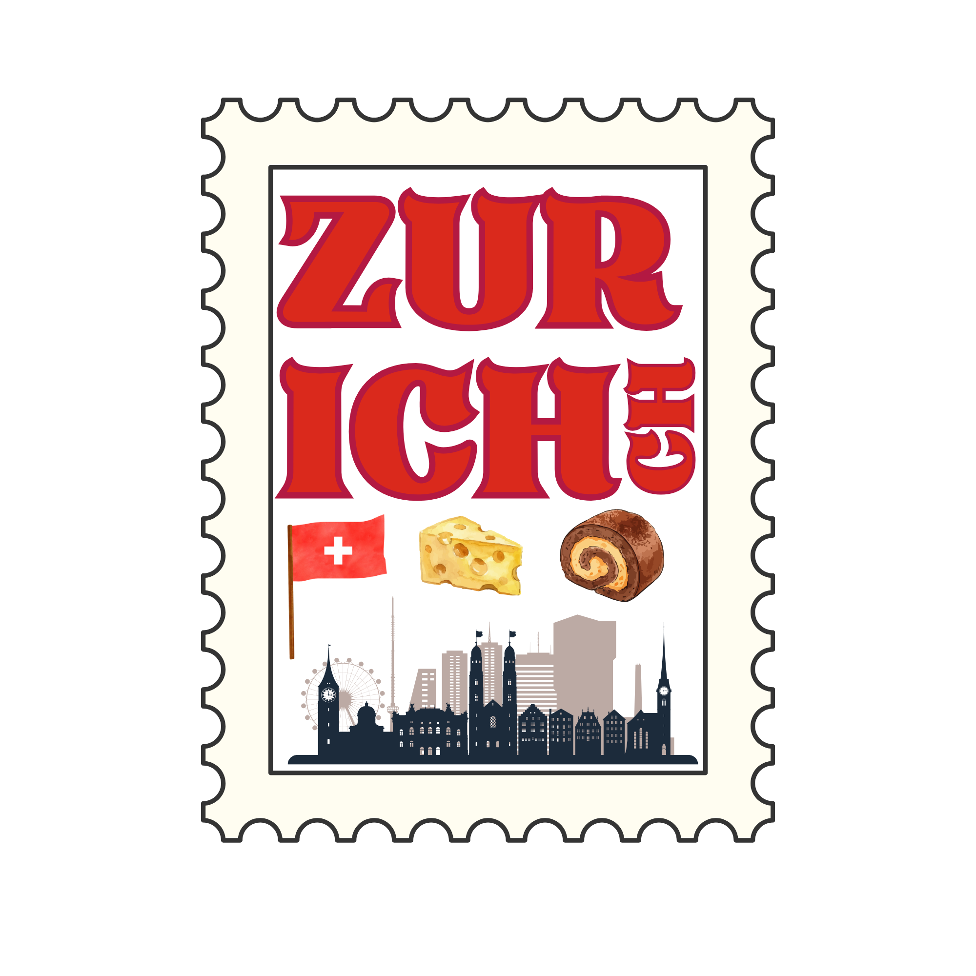 A movie poster for 'Zürich' featuring various Swiss foods such as cheese, chocolate, and a Swiss flag, with a skyline silhouette of Zurich at the bottom.