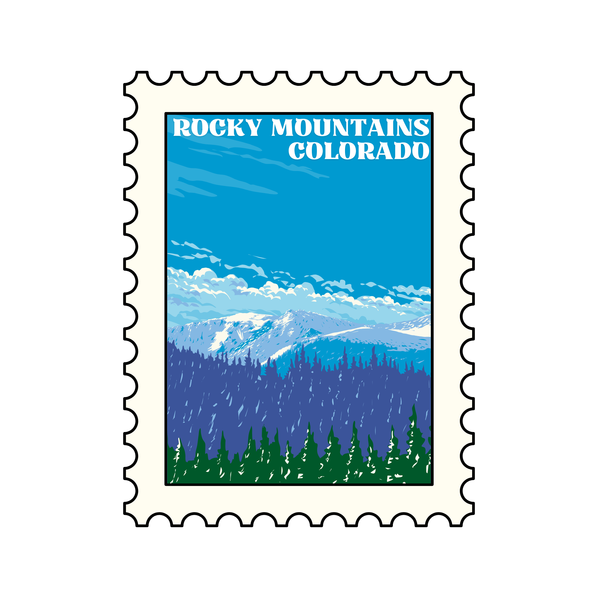 A colorful stamp featuring the Rocky Mountains in Colorado with a blue sky and white clouds, and pine trees in the foreground.