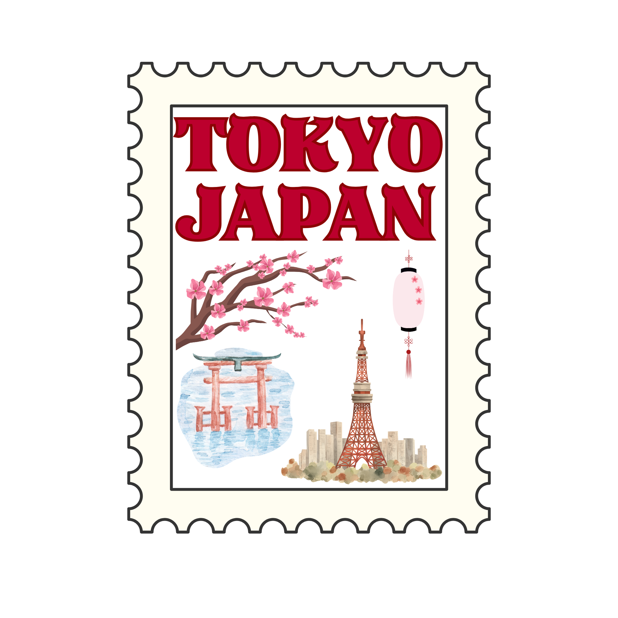 A stylized postal stamp featuring the words "Tokyo Japan" in red text, with illustrations of cherry blossom branches, Mount Fuji, a torii gate, and Tokyo Tower.