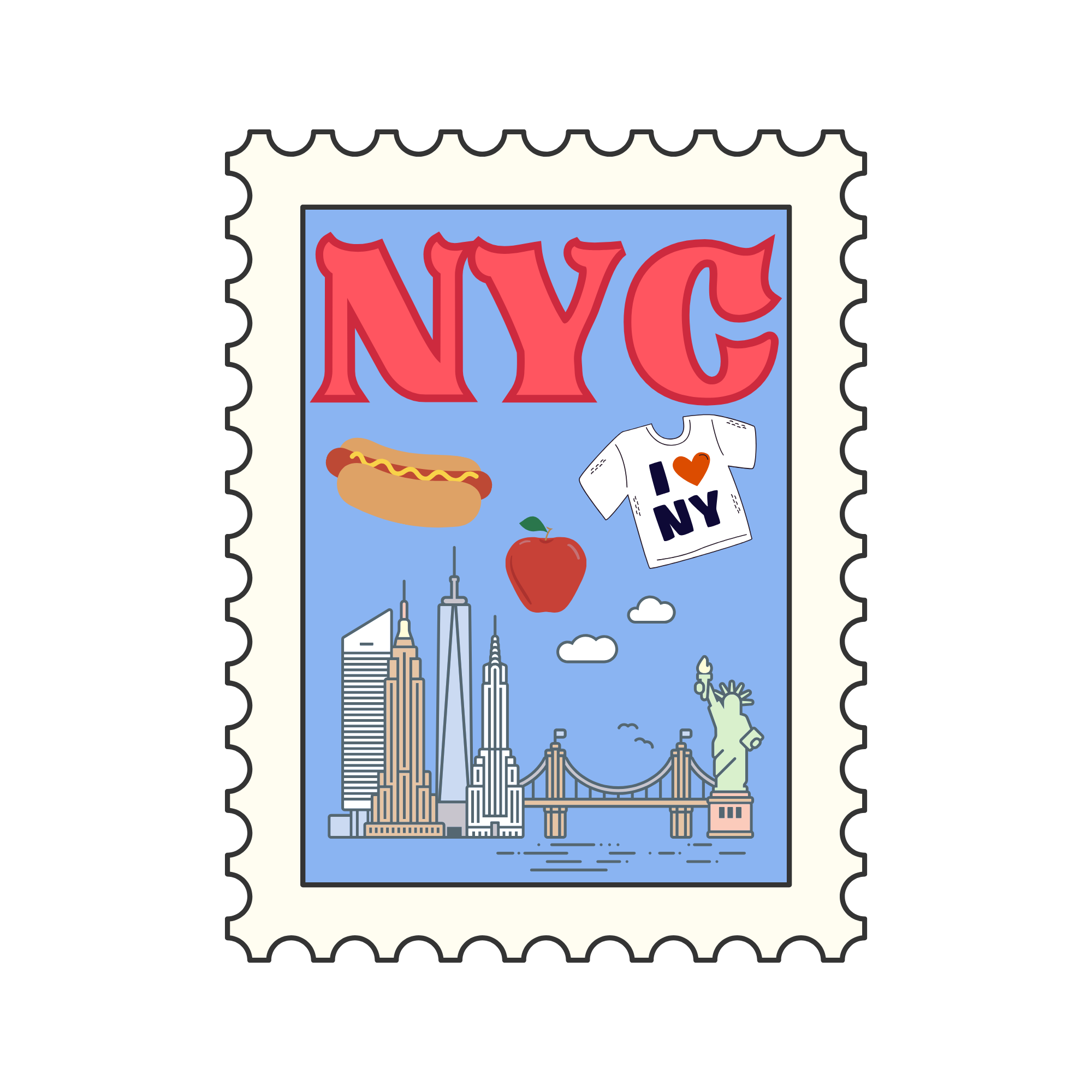 Graphic of a USPS postage stamp with the New York City skyline, hot dog, apple, T-shirt, and landmarks like Statue of Liberty and Empire State Building.