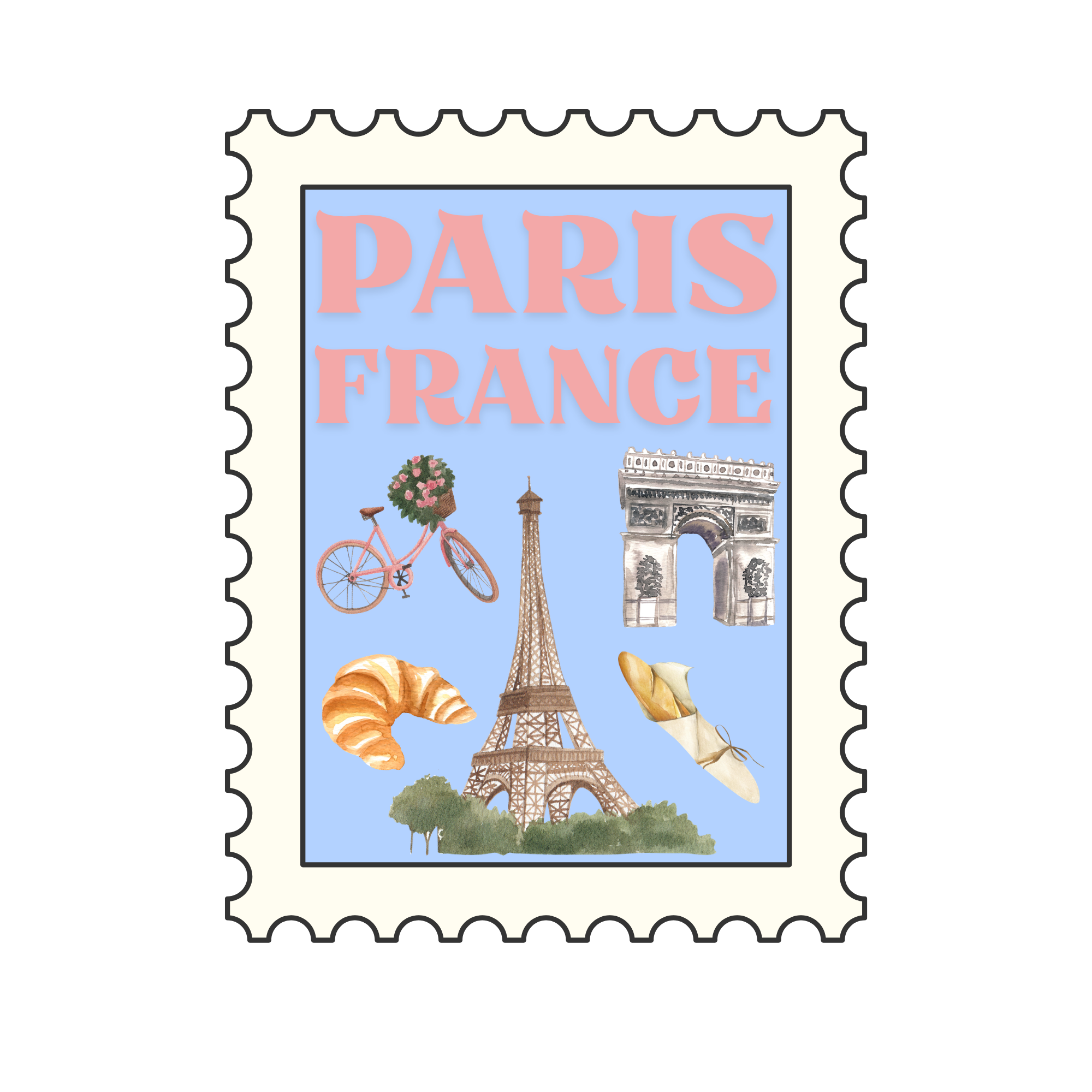Paris-themed postcard featuring the Eiffel Tower, a bicycle with flowers, croissant, French bread, and the Arc de Triomphe with the word "Paris" written at the top.