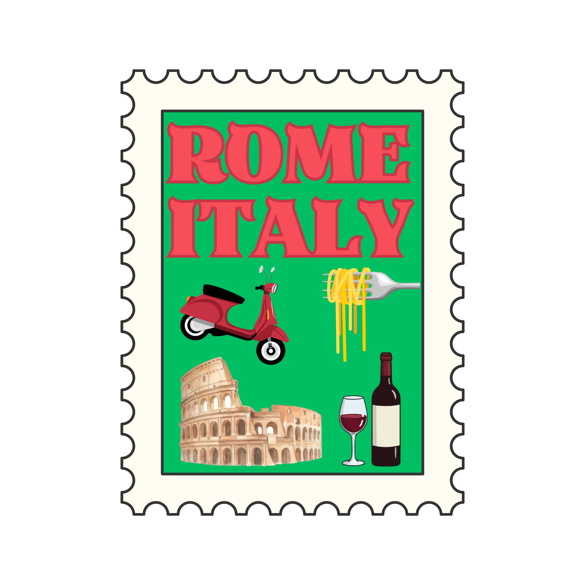 A digital illustration resembling a postage stamp depicting Italian symbols such as the Colosseum, wine, pasta, a Vespa scooter, and the word "ROME" on a sign, with a green background.
