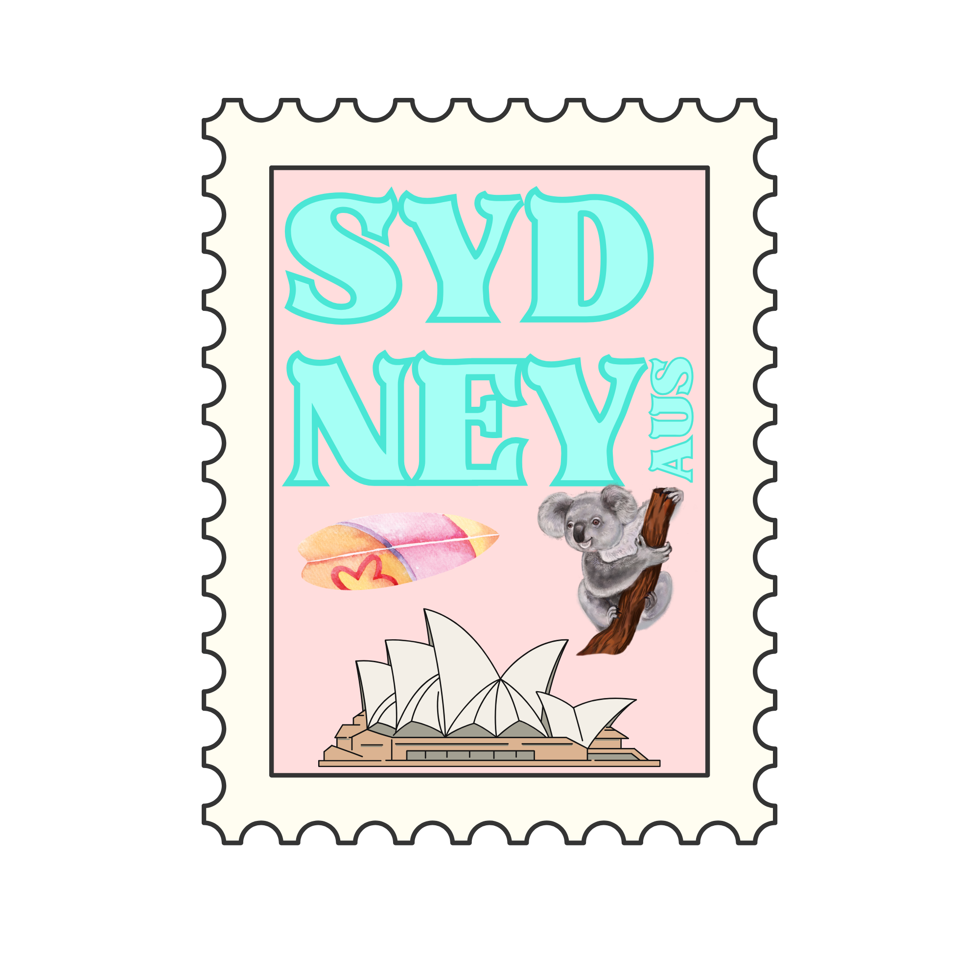 A postage stamp featuring the words 'Sydneys' and 'New' in large blue letters on a pink background, with a koala holding onto a tree branch, a colorful surfboard, and white flowers at the bottom.