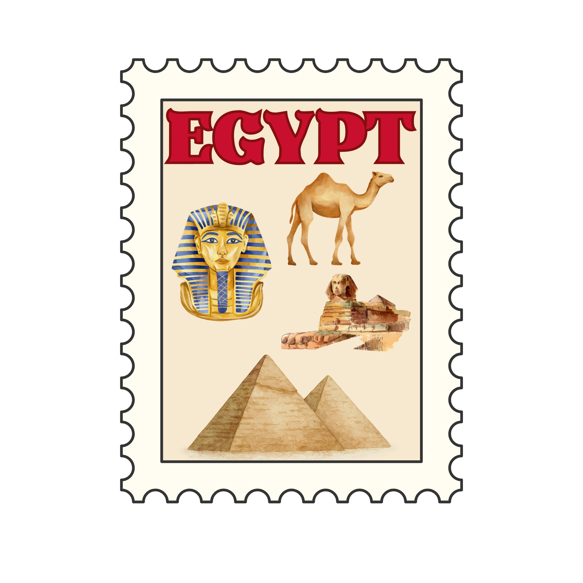 A postcard with ancient Egyptian symbols, including a Pharaoh wearing a headdress, a camel, the Great Pyramid of Giza, and a Sphinx, with the word 'EGYPT' at the top.