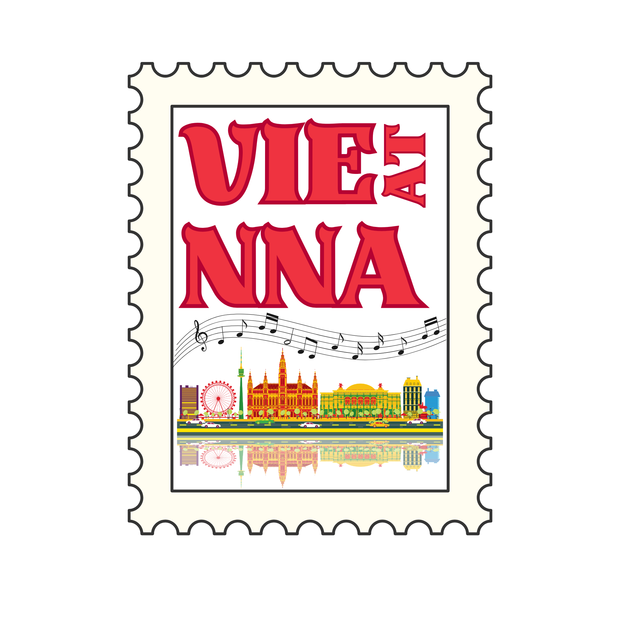 Colorful illustrated postcard featuring iconic landmarks of Madrid, Spain, including the Royal Palace, Puerta de Alcalá, and a Ferris wheel, with musical notes and cityscape at the bottom.