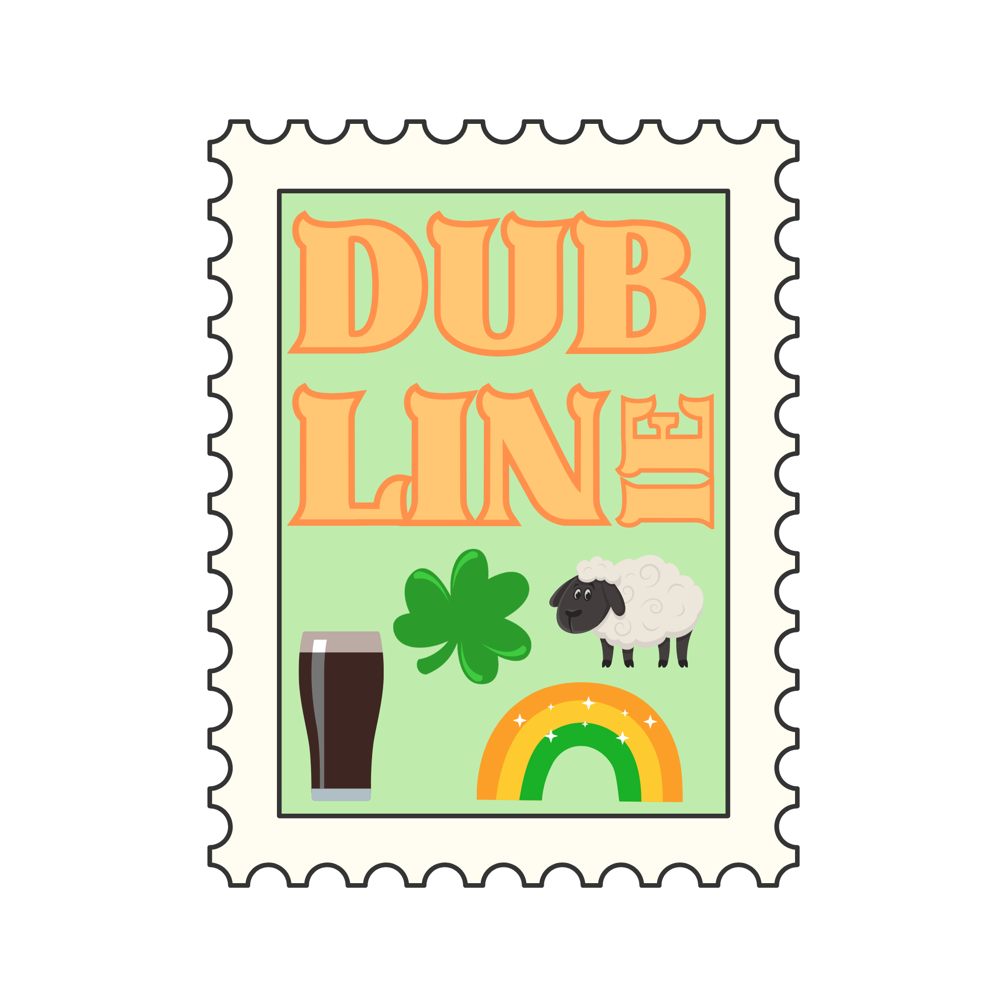 A lottery or bingo ticket with the words 'DUB LIN' and colorful rainbow and shamrock illustrations.