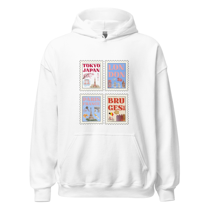 White hoodie featuring illustrated city stamps with landmarks and labels for Tokyo, London, Paris, and Brussels.