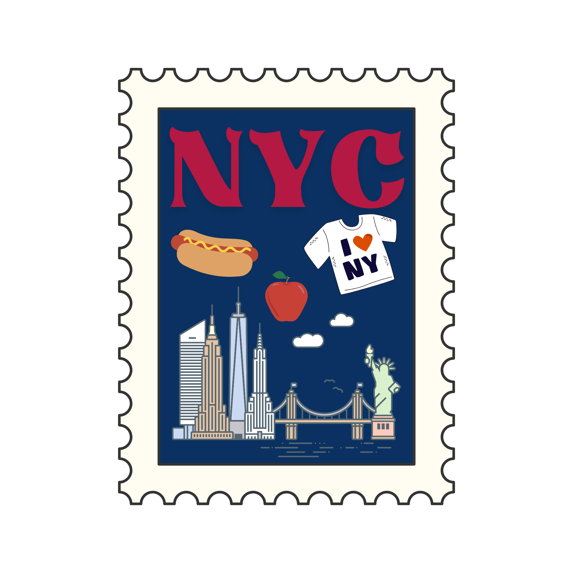 USPS postage stamp featuring a skyline of New York City landmarks including the Empire State Building, Statue of Liberty, and One World Trade Center, with a hot dog, an apple, and a T-shirt reading 'I ♥ NY' in the design.
