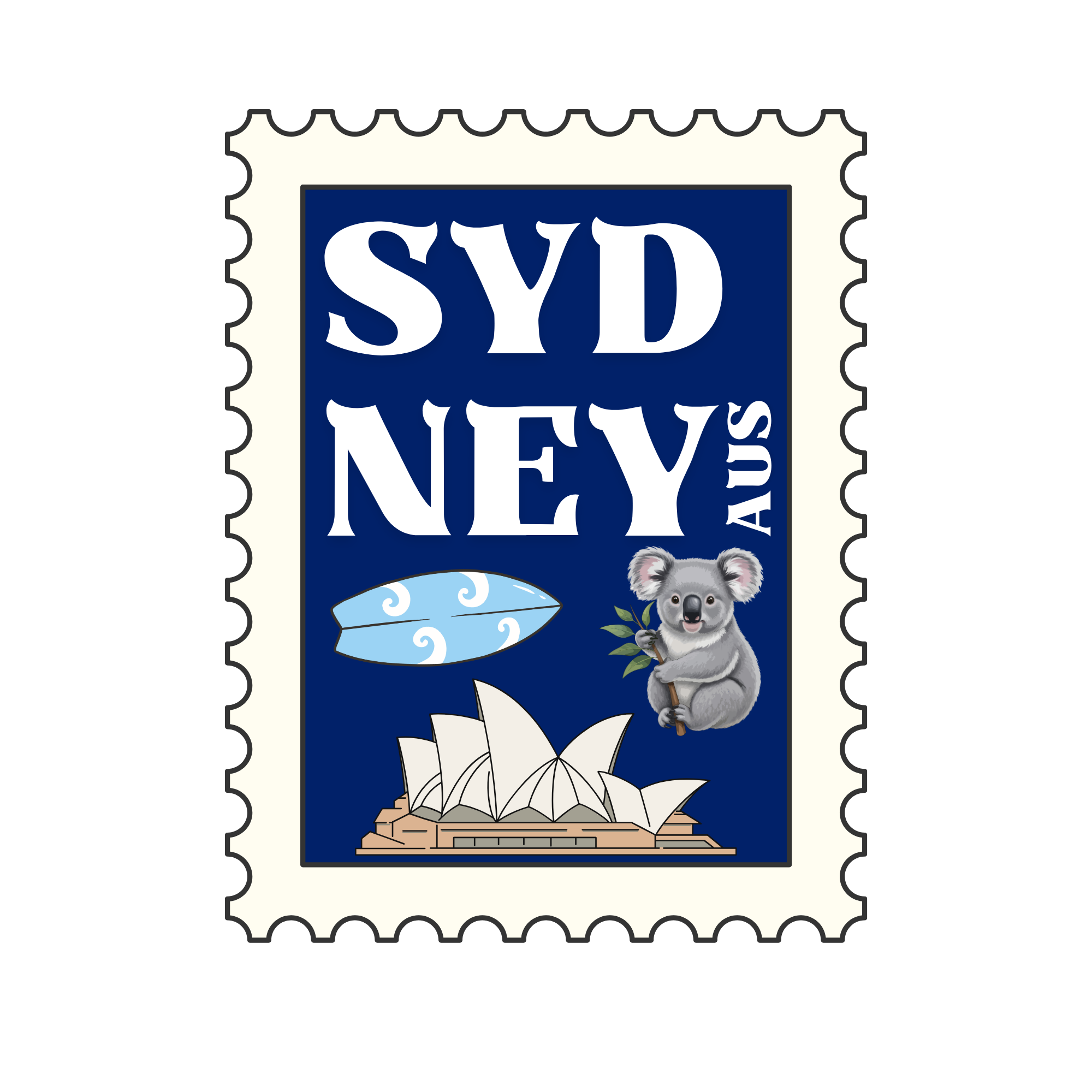 A stylized postage stamp with a blue background, the text "SYDNEY AUS" in large white letters, an illustration of the Sydney Opera House, a surf board, and a koala holding a branch with leaves.