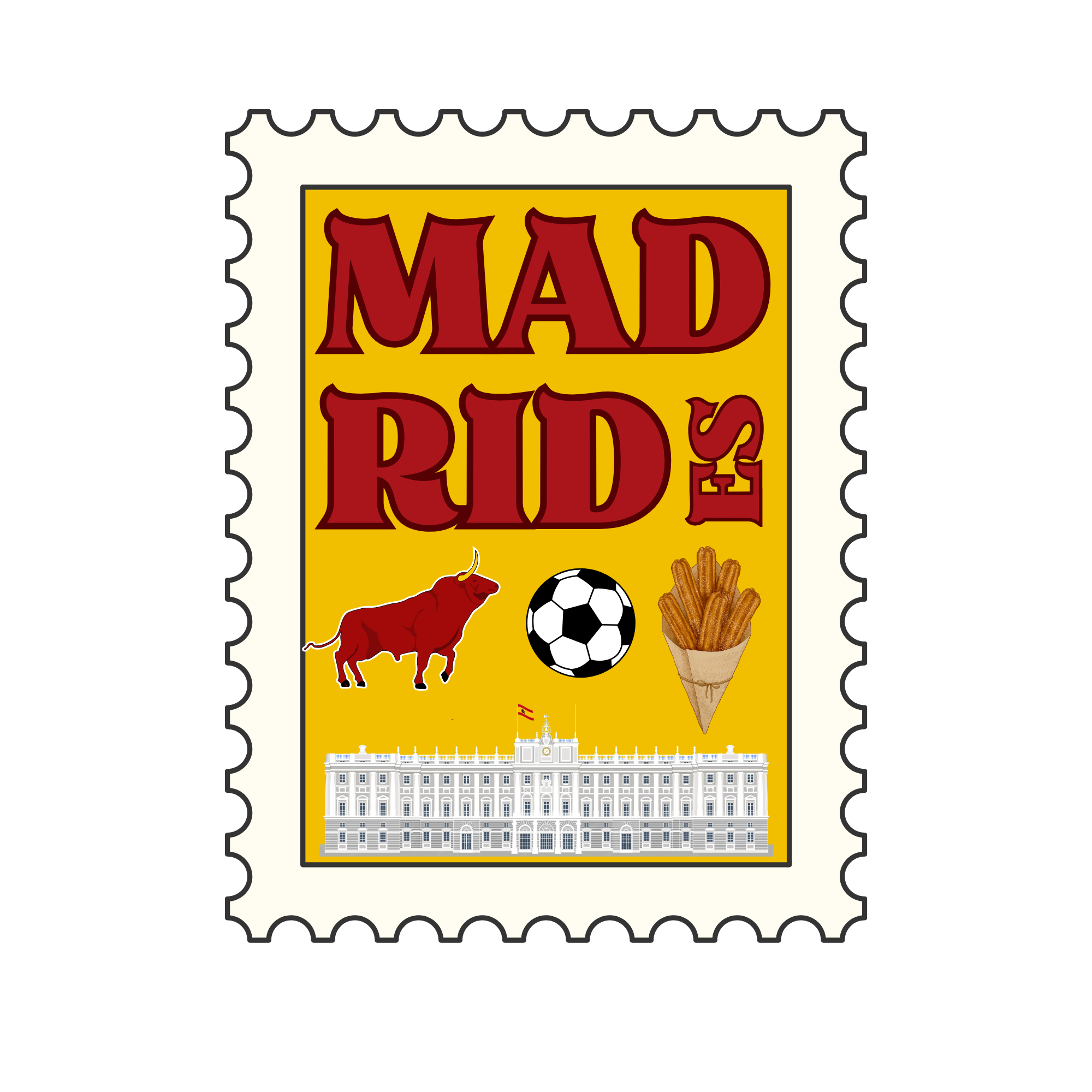 A colorful illustrated poster with the words "MAD KIDS" in large red letters on a yellow background, featuring images of a red dog, soccer ball, ice cream cone, and French fries.