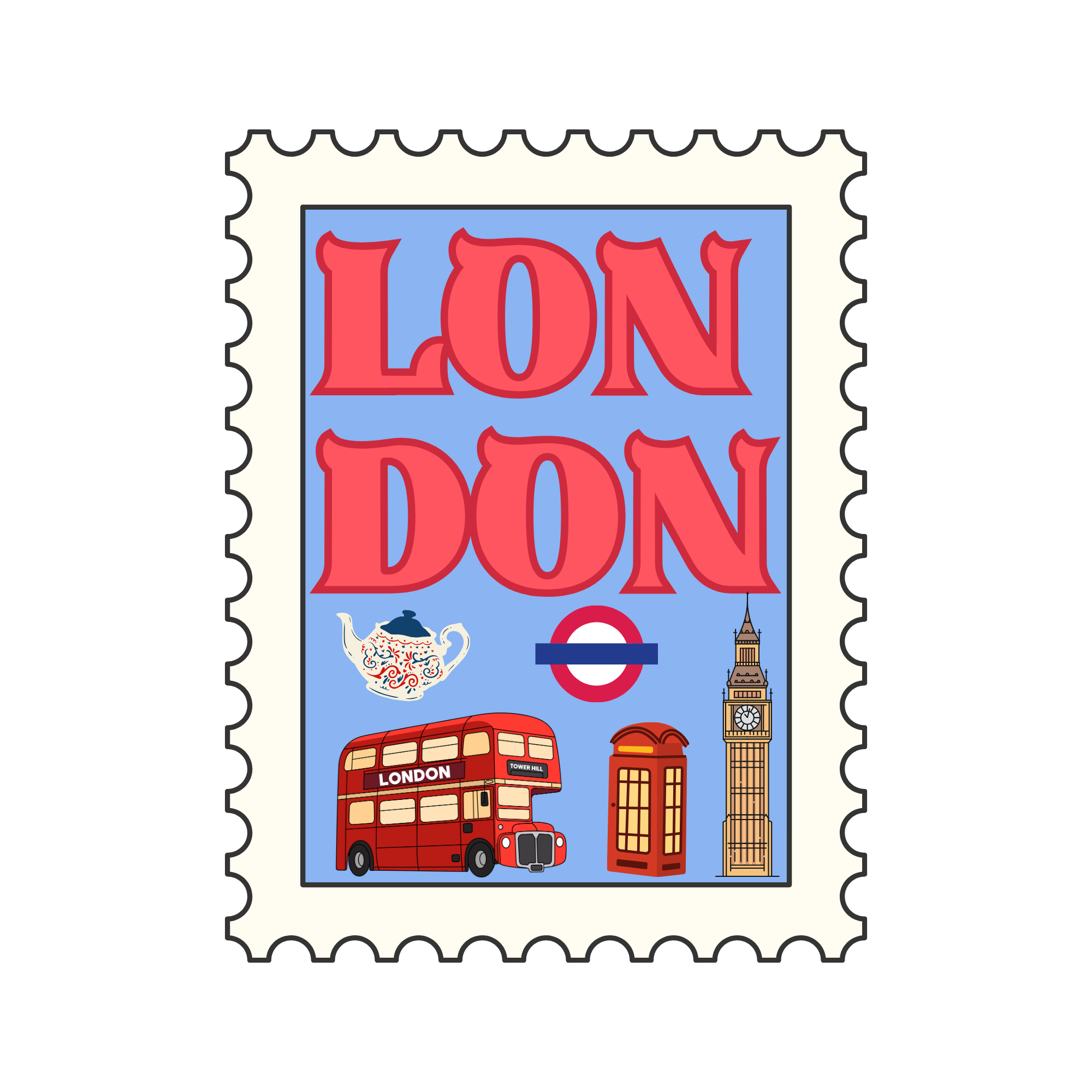 A postage stamp featuring iconic London landmarks and symbols, including Big Ben, a red double-decker bus, a telephone booth, and the London Underground logo.