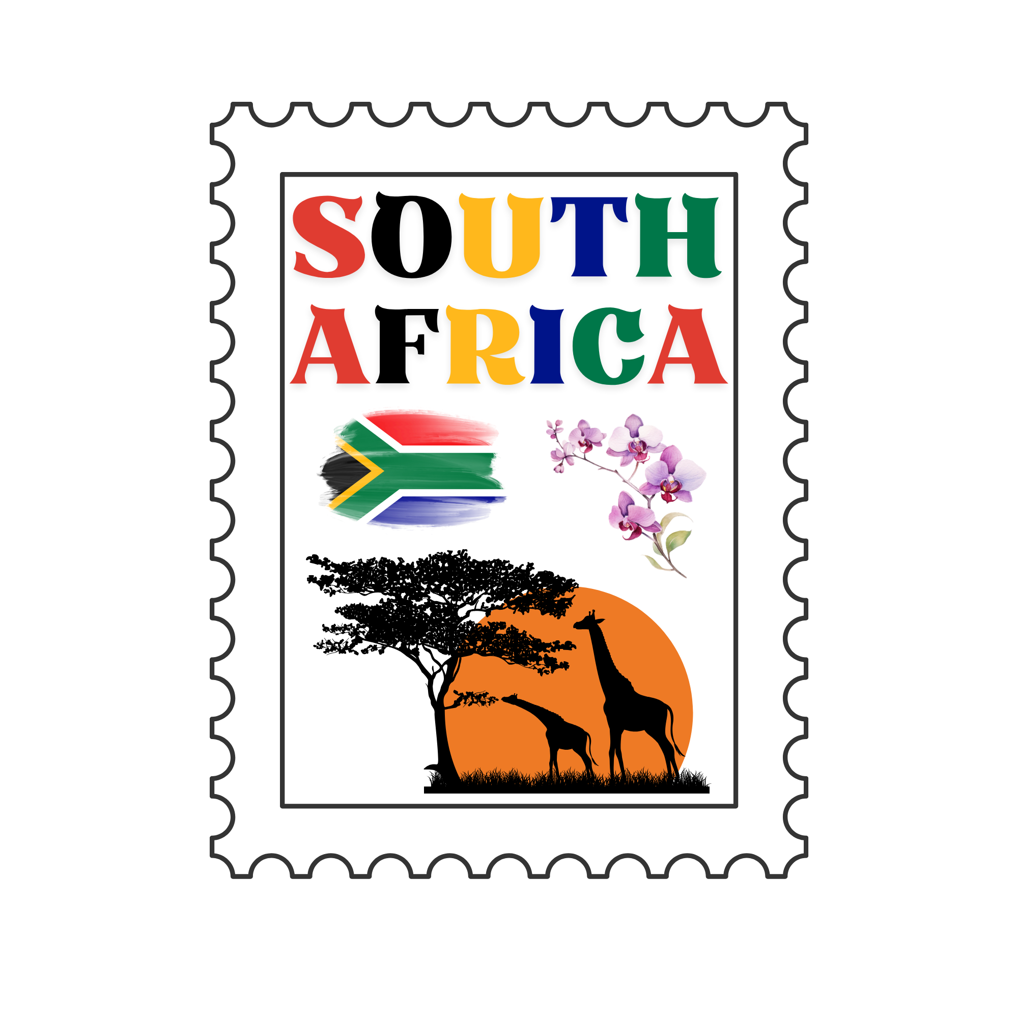 A postage stamp with colorful text saying 'SOUTH AFRICA,' a South African flag, pink orchids, and an illustration of a giraffe standing under an Acacia tree at sunset.