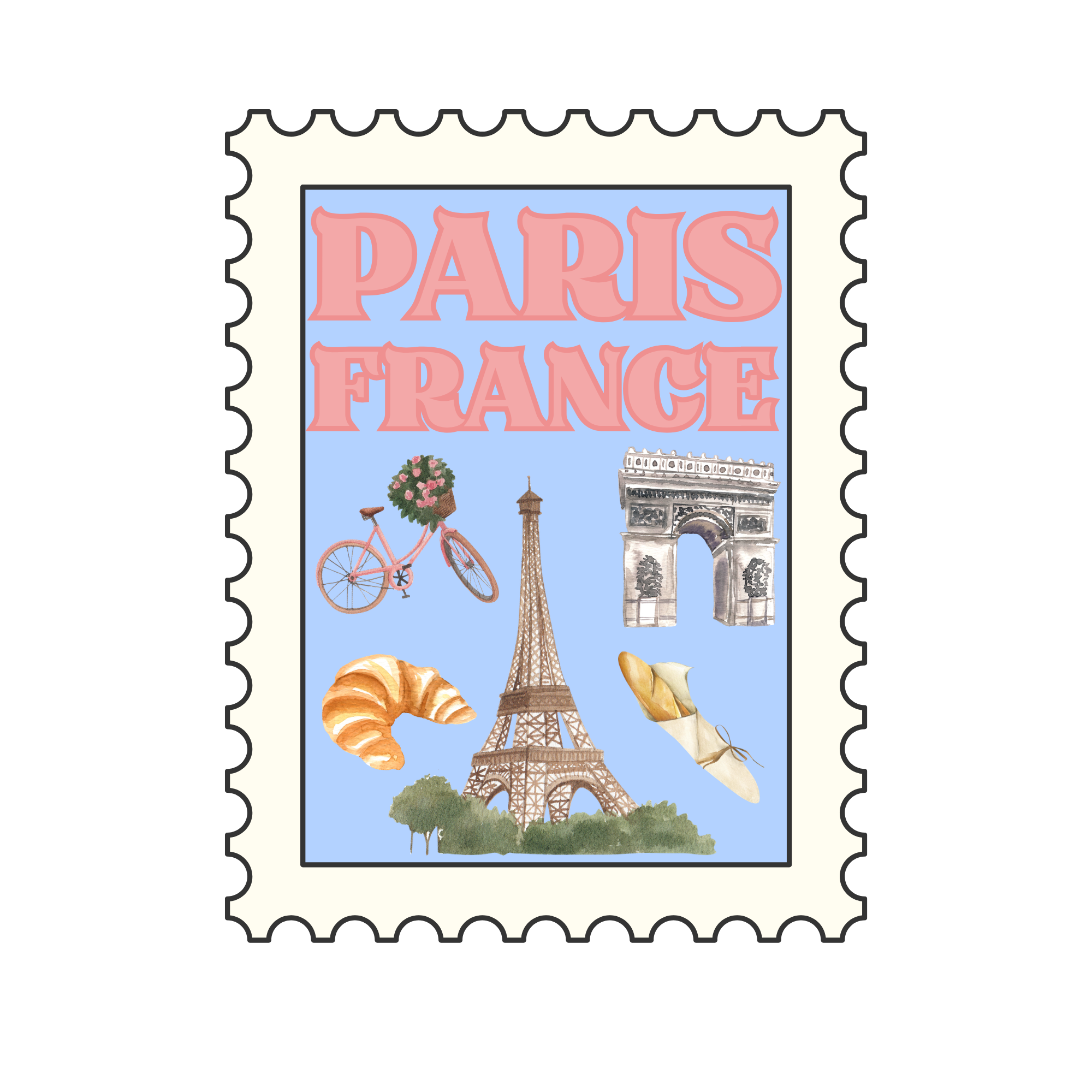 Pari France postage stamp with the Eiffel Tower, flowers, croissants, and a bicycle, marking France.