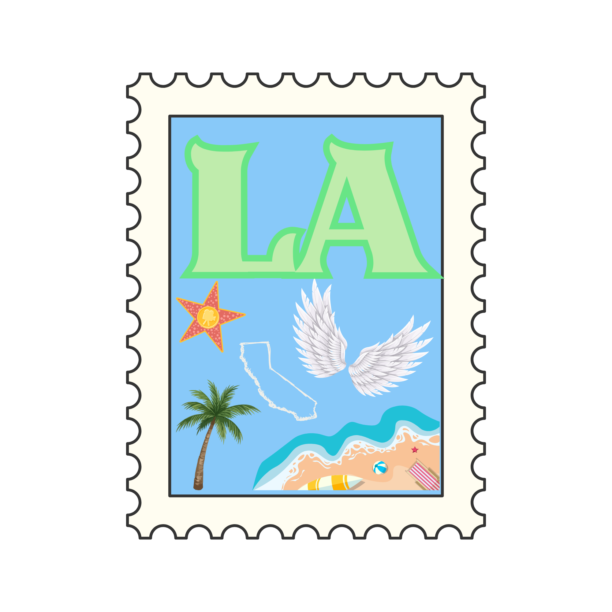 A stylized illustration of a postage stamp featuring a beach scene with a palm tree, a starfish, a shell, a beach ball, a towel, and a yellow water slide.