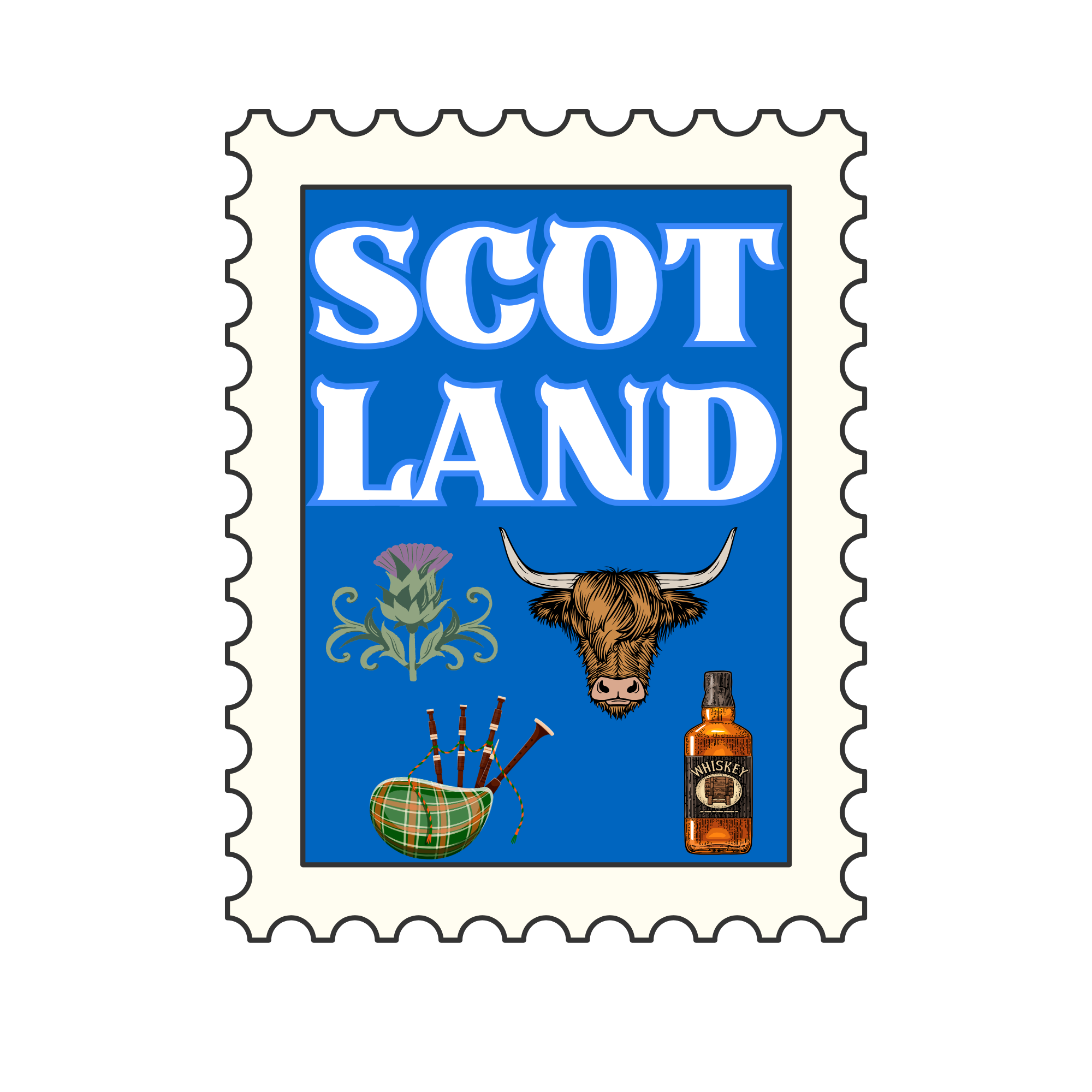 A colorful cartoon-style poster with the text "Scout Land" and various images including a highland cow, a thistle, a plaid bagpipe, and a bottle of whiskey, set against a blue background.