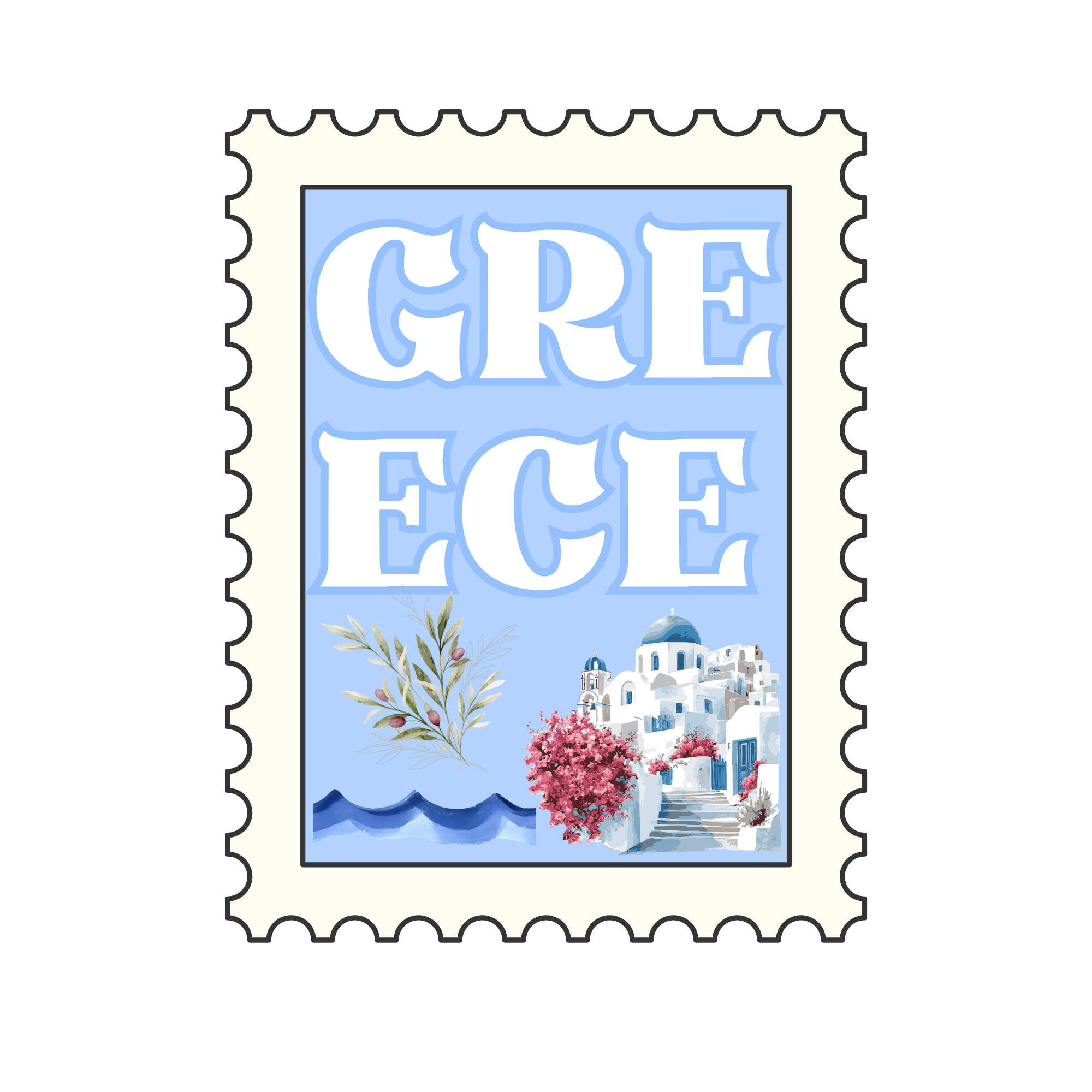A colorful illustrated stamp featuring the Greek island of Santorini with white buildings, blue domes, pink and purple flowers, and water in the background.