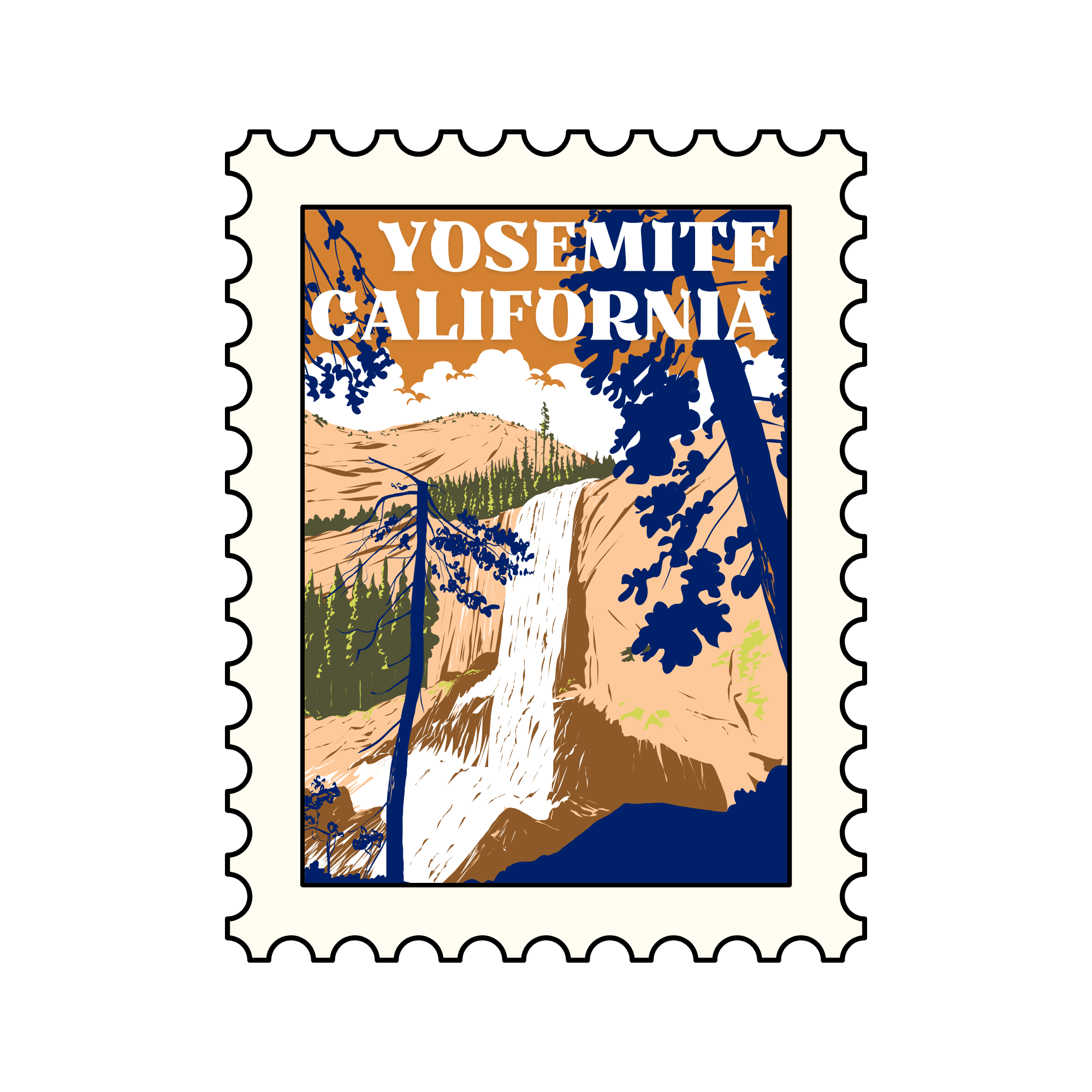 Illustrated postage stamp featuring Yosemite National Park landscape with mountains, a waterfall, trees, and a blue sky.