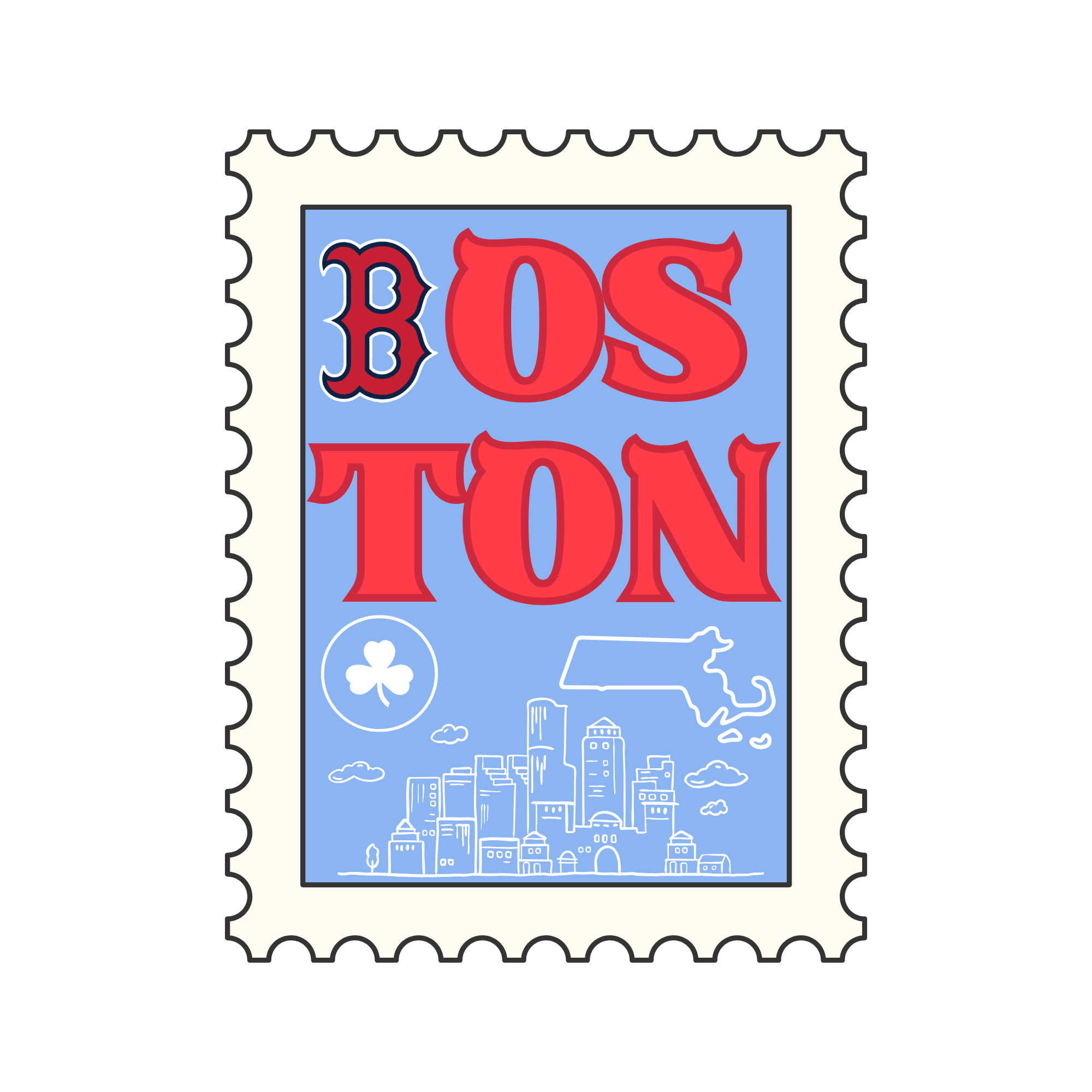 A colorful postal stamp featuring the phrase 'Box Town' with a cityscape illustration beneath it, outlined in white with a light blue background.