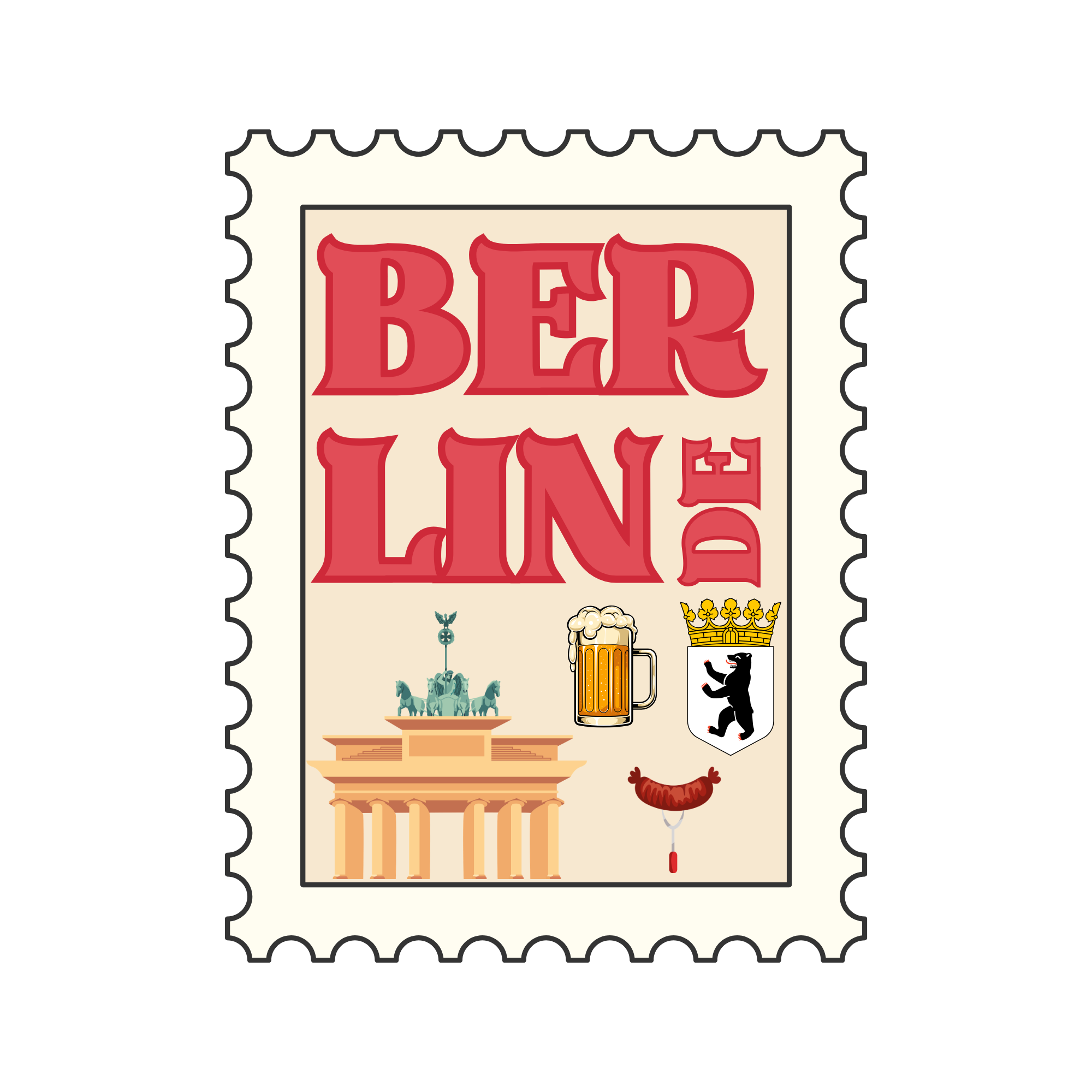 A postage stamp featuring the words 'BER LIN' in red, with illustrations of the Brandenburg Gate, beer mugs, the Berlin Bear, and the Victory Column.