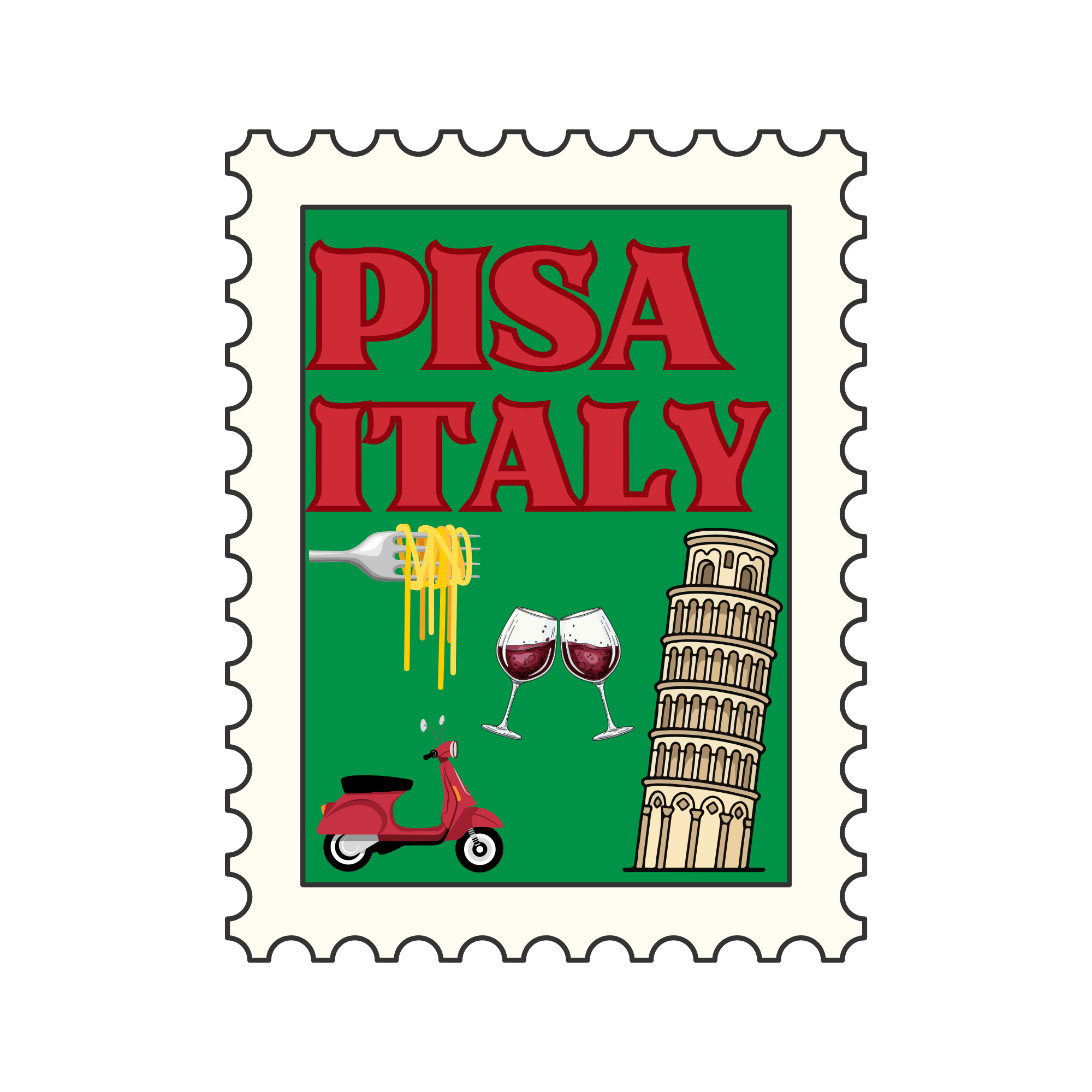 Postage stamp featuring the words "Pisa Italy" in red over a green background, with illustrations of the Leaning Tower of Pisa, wine glasses, a scooter, and the Colosseum.