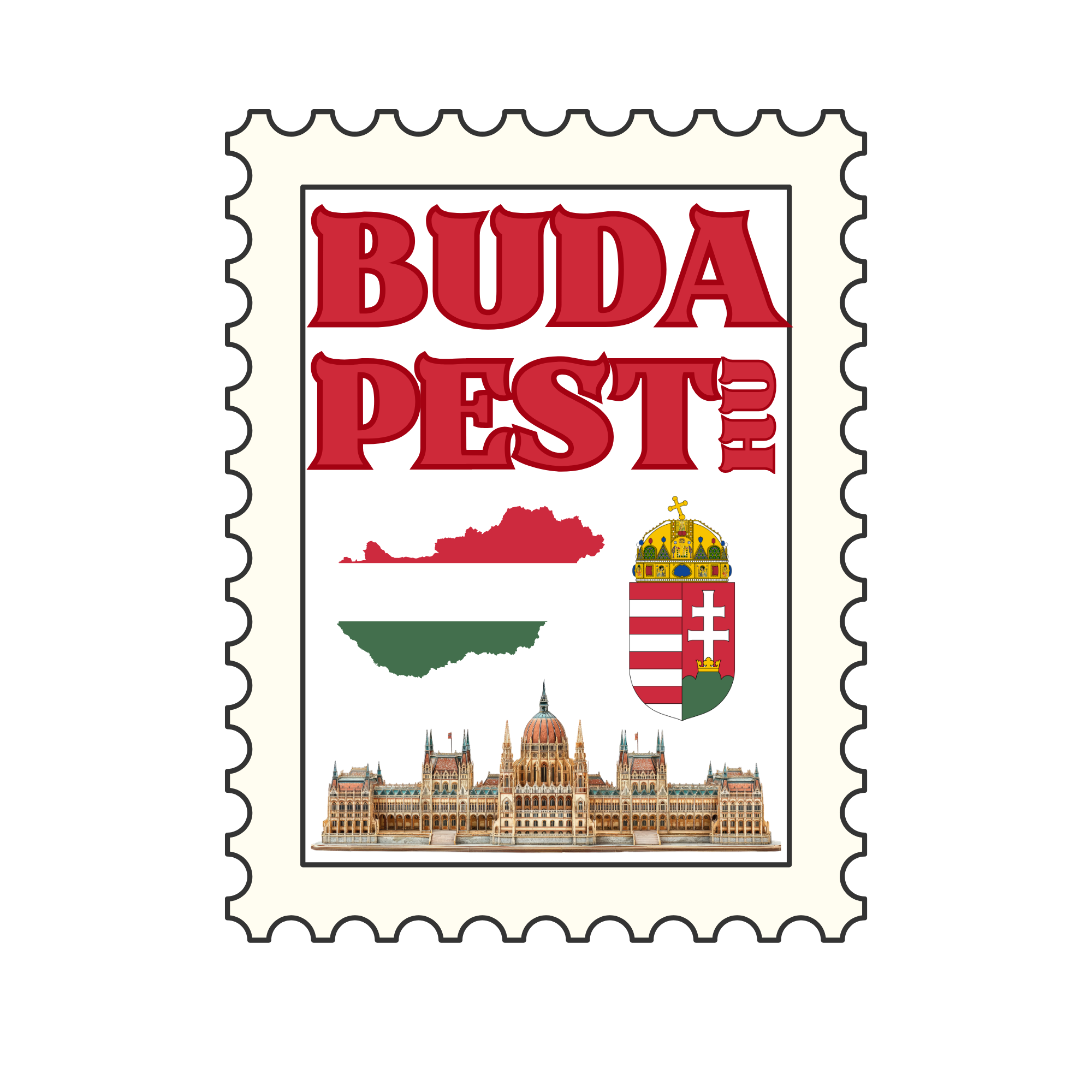 A postage stamp featuring the words 'Buda Pest' in bold red letters, along with images of Hungary's map, the Hungarian coat of arms, and the Hungarian Parliament building.