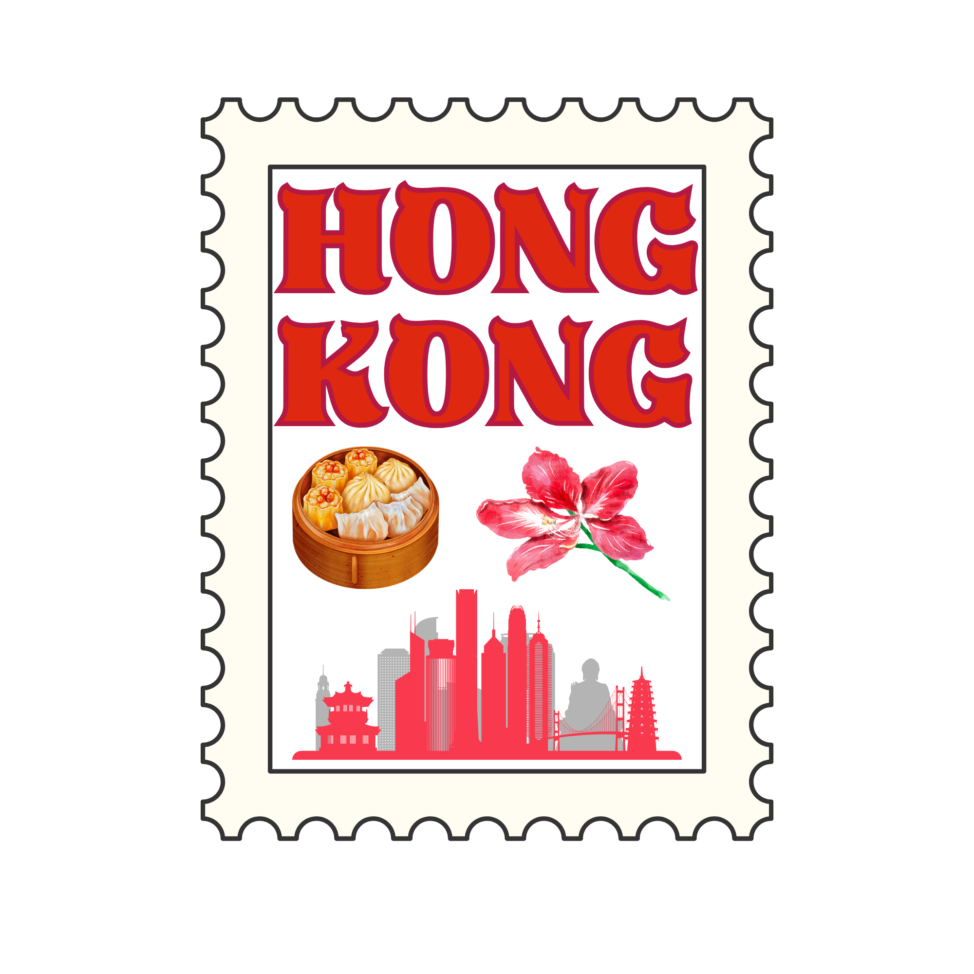 A post stamp of Hong Kong with dim sum, including dumplings, shrimp balls, and a pink hibiscus flower, with a Hong Kong city skyline silhouette below.