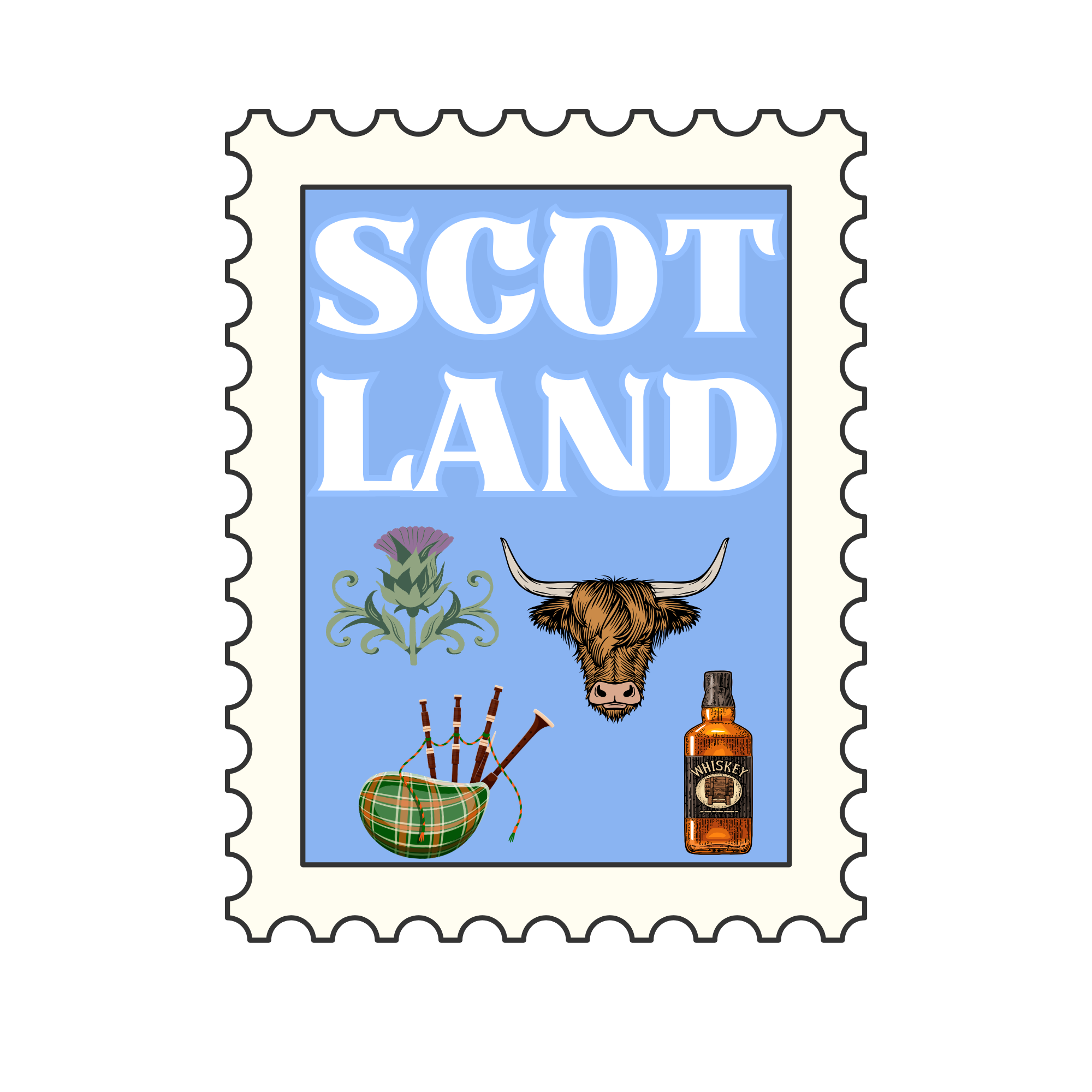 Vintage-style travel poster with the text 'Scout Land' and illustrations of a Highland cow, a whiskey bottle, a bagpipe, and a thistle.