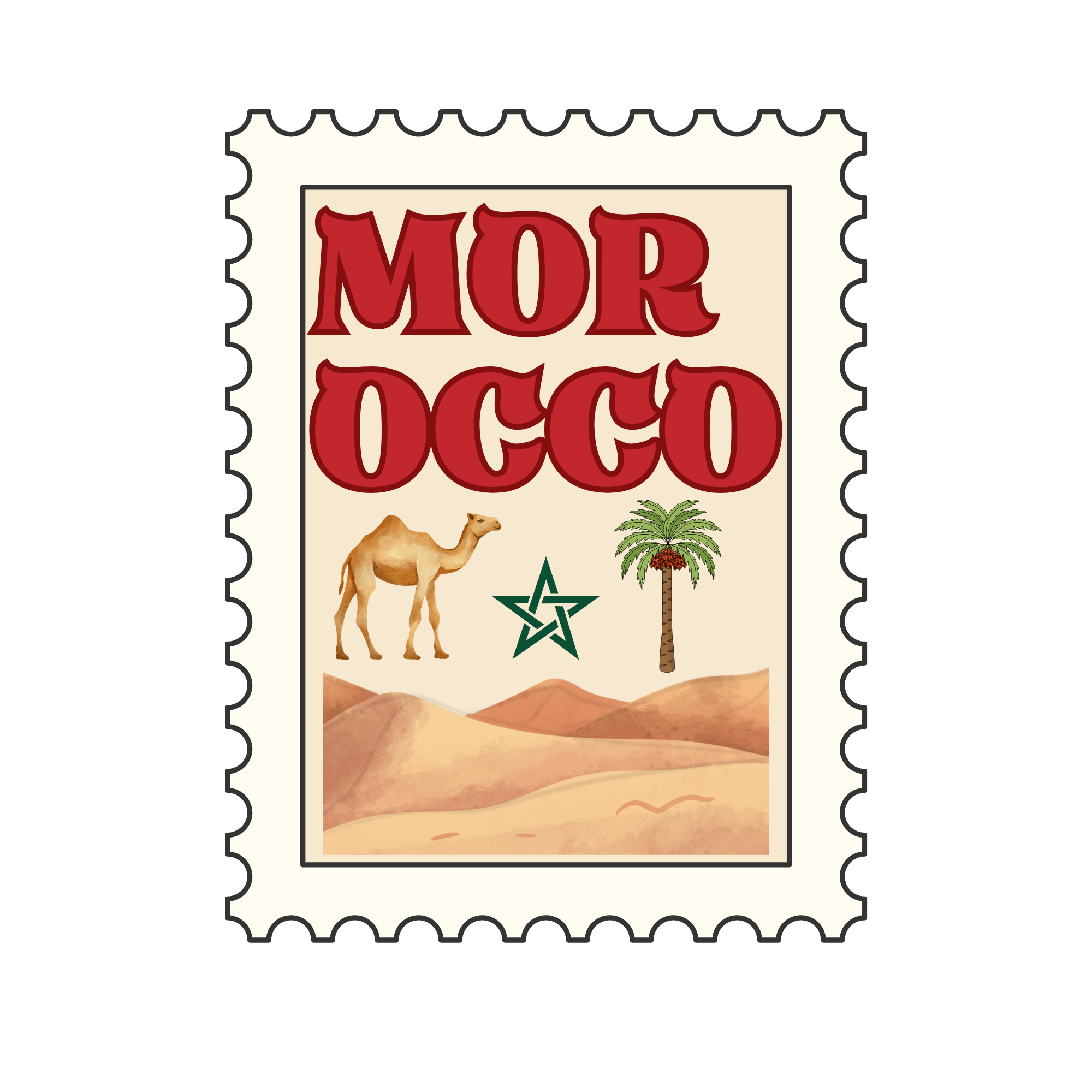 A stamp titled 'Morocco'. The cover features images of a camel, a palm tree, and the Moroccan flag star on a desert landscape background.