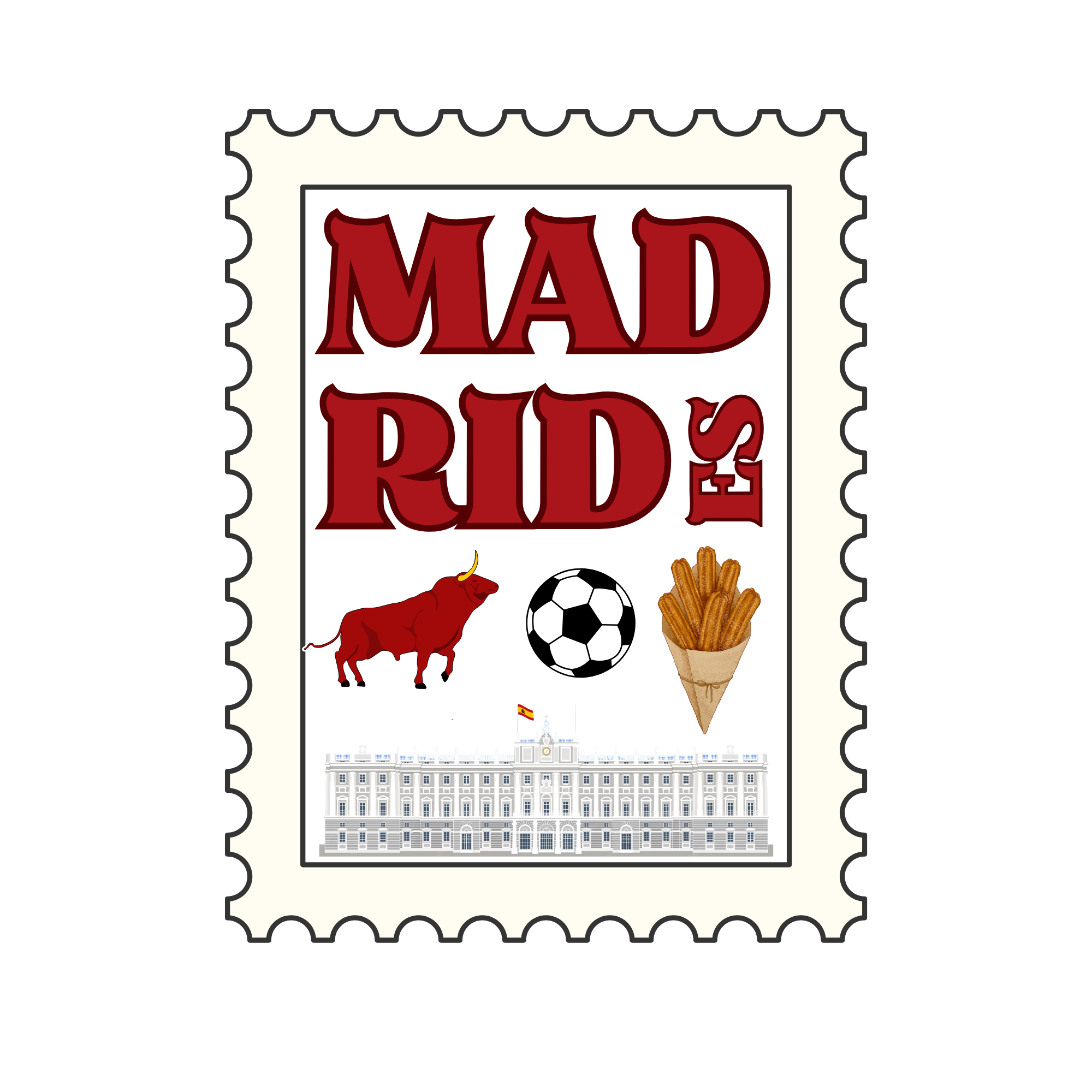 A packet of Mad Rid's spicy snack food featuring a red bull, a soccer ball, and churros, with an illustration of a building with a clock tower at the bottom.