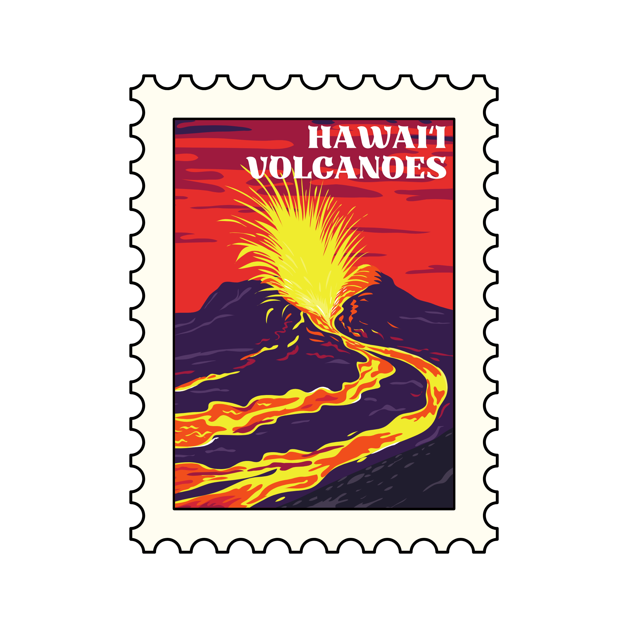 Hawaii Volcanoes postage stamp featuring an illustration of an erupting volcano with red, orange, and yellow lava against a dark purple and orange sky