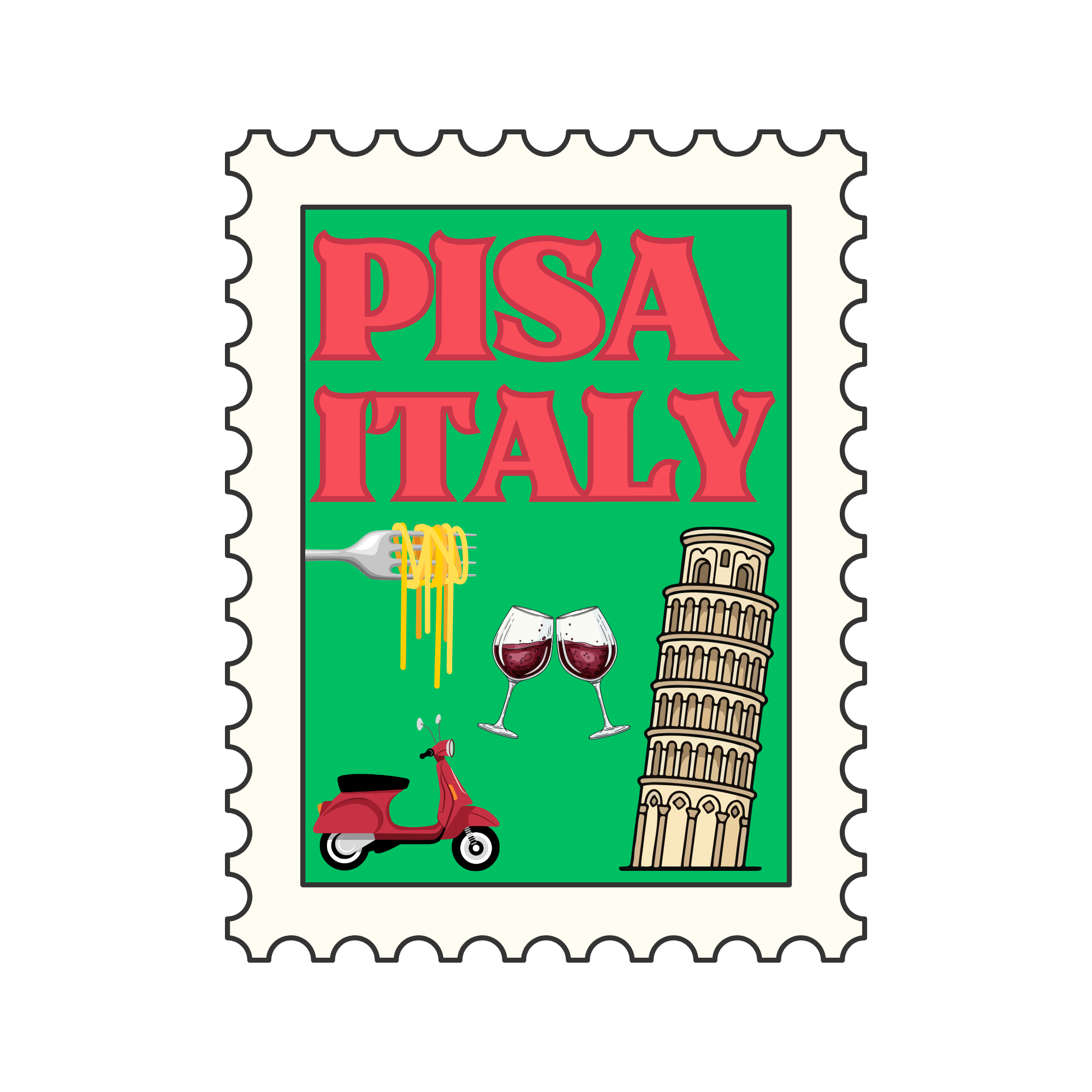 Illustration of the words 'PISA CITY TAX' in large red letters on a green background, with images of a wine glass, Colosseum, scooter, and wine bottle below.