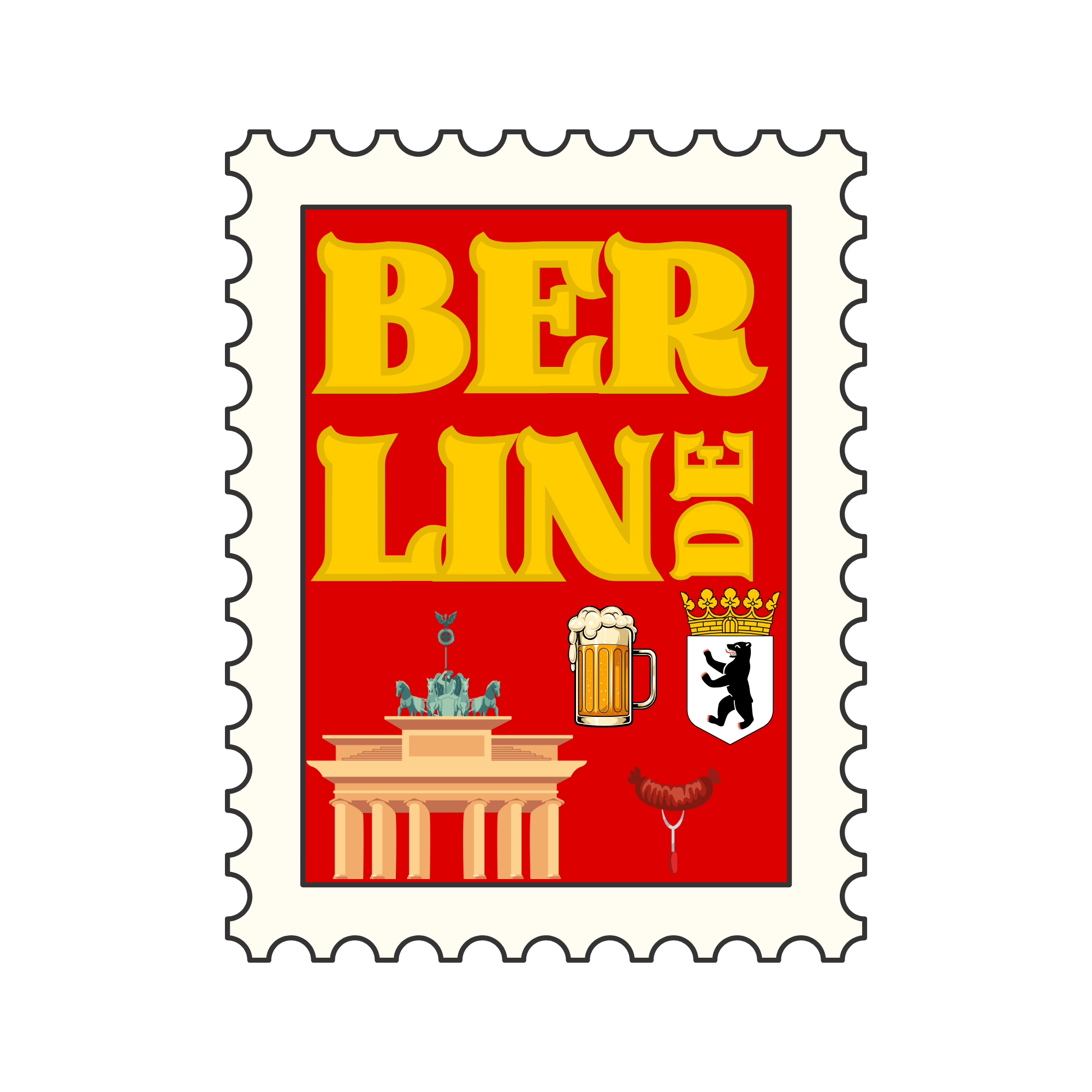 A postage stamp featuring the words 'Beer Time' in bold yellow letters with a red background, containing illustrations of beer mugs, symbols, and a crest.