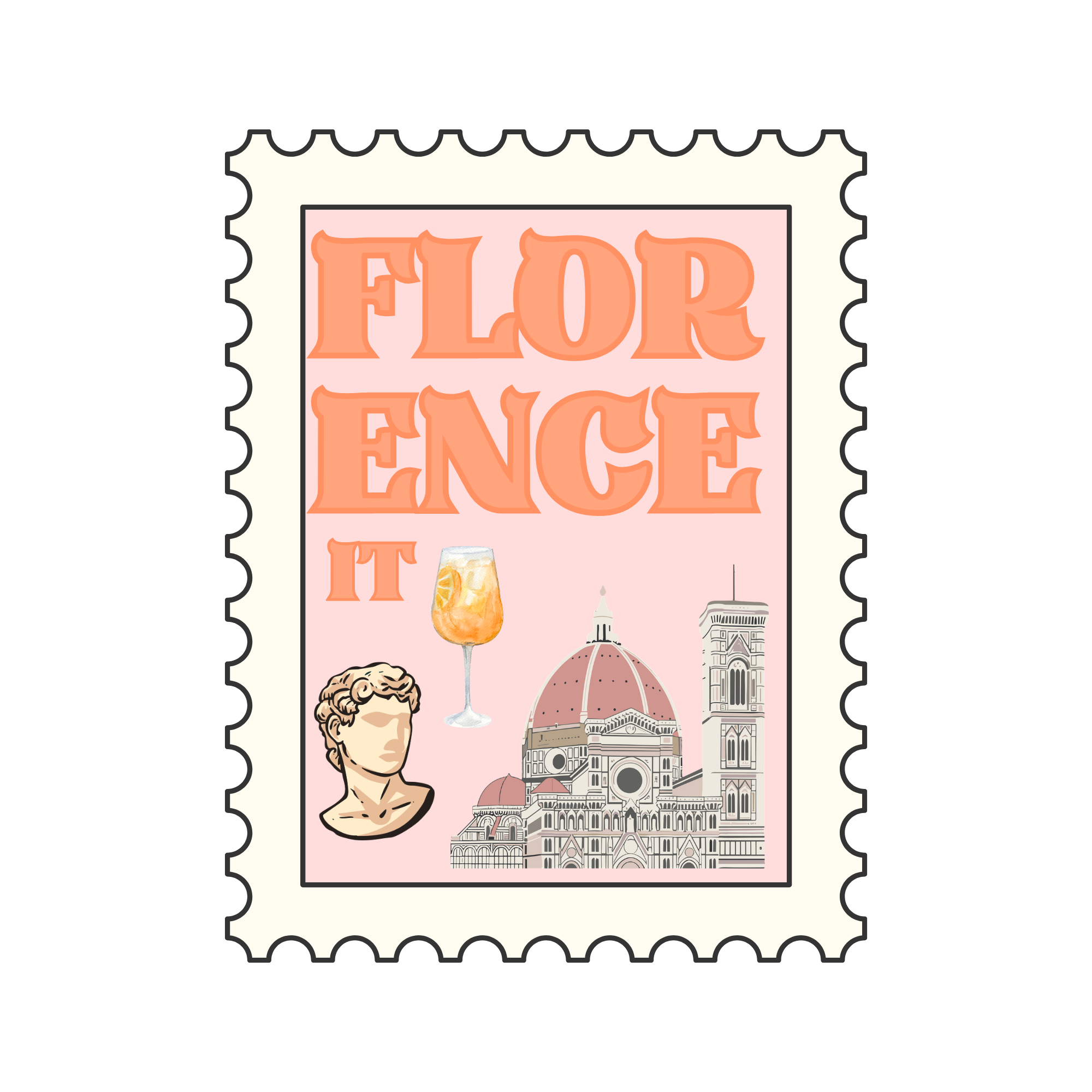 Stylized stamp with the word 'FLOUR' in large orange letters, featuring illustrations of a cocktail glass, a dome-shaped building, and a bust of a person.