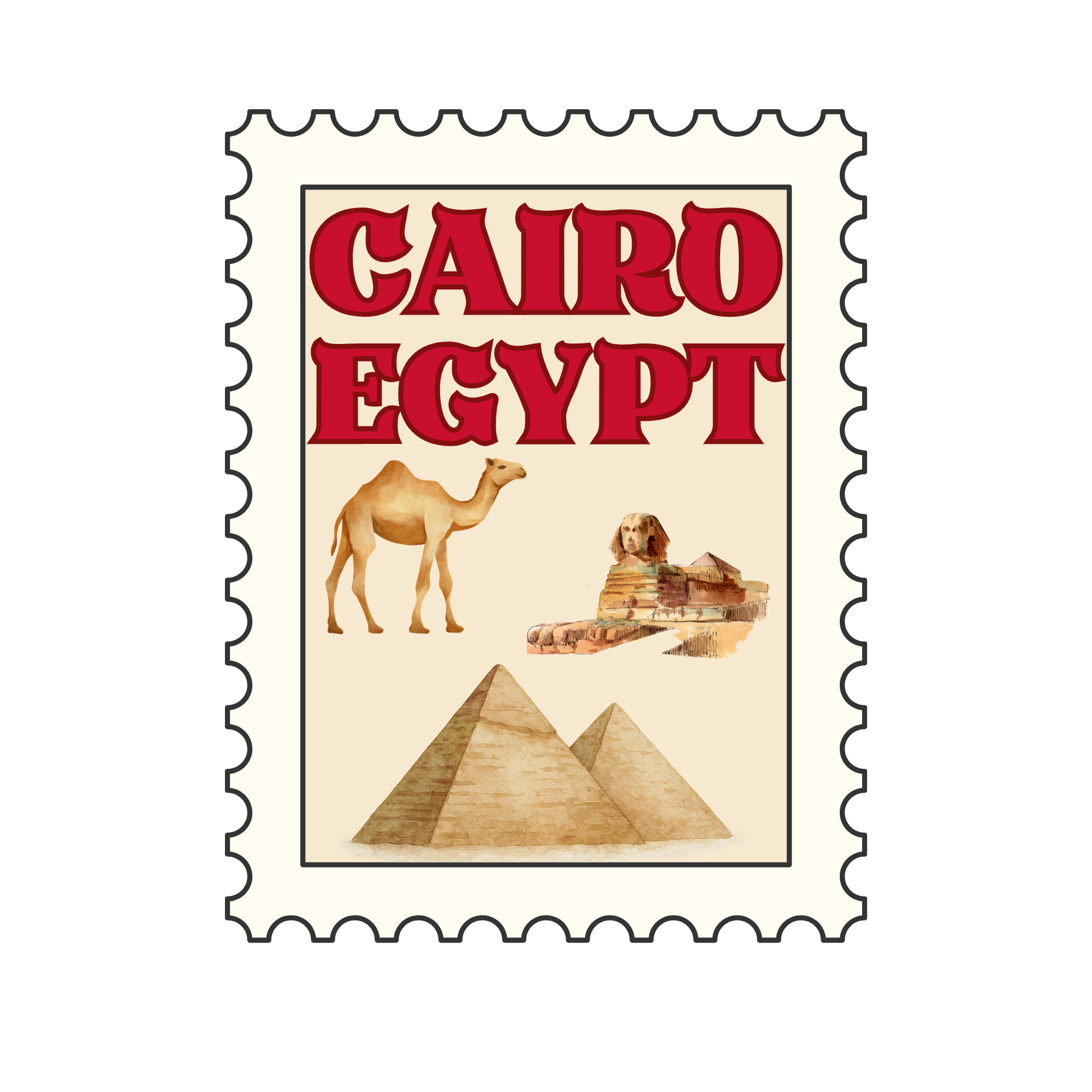 Image of a postage stamp with the words "Cairo EGYPT" and illustrations of a camel, a sphinx, and pyramids.