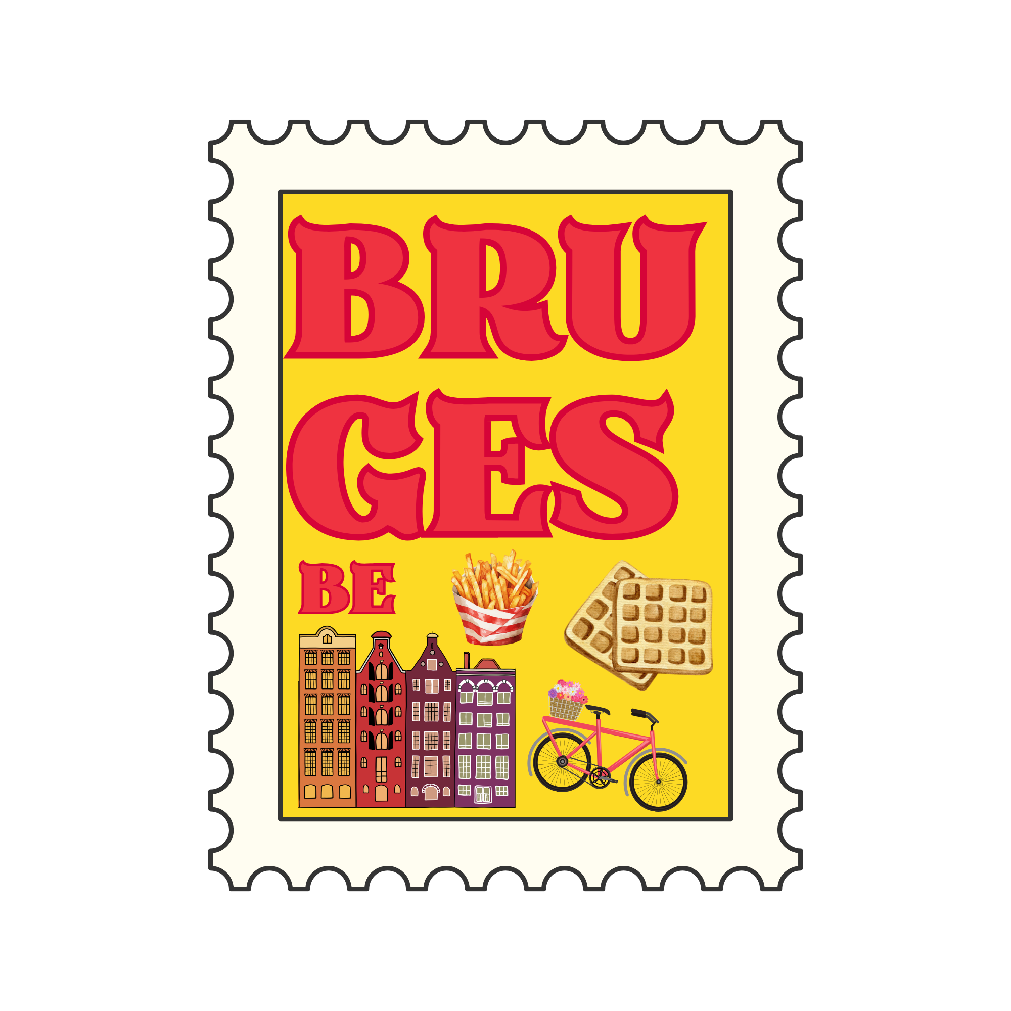 Colorful illustrated flyer with the text 'BRU'. Features city buildings, a bicycle, French fries, waffles, a flower basket, and other decorative elements.