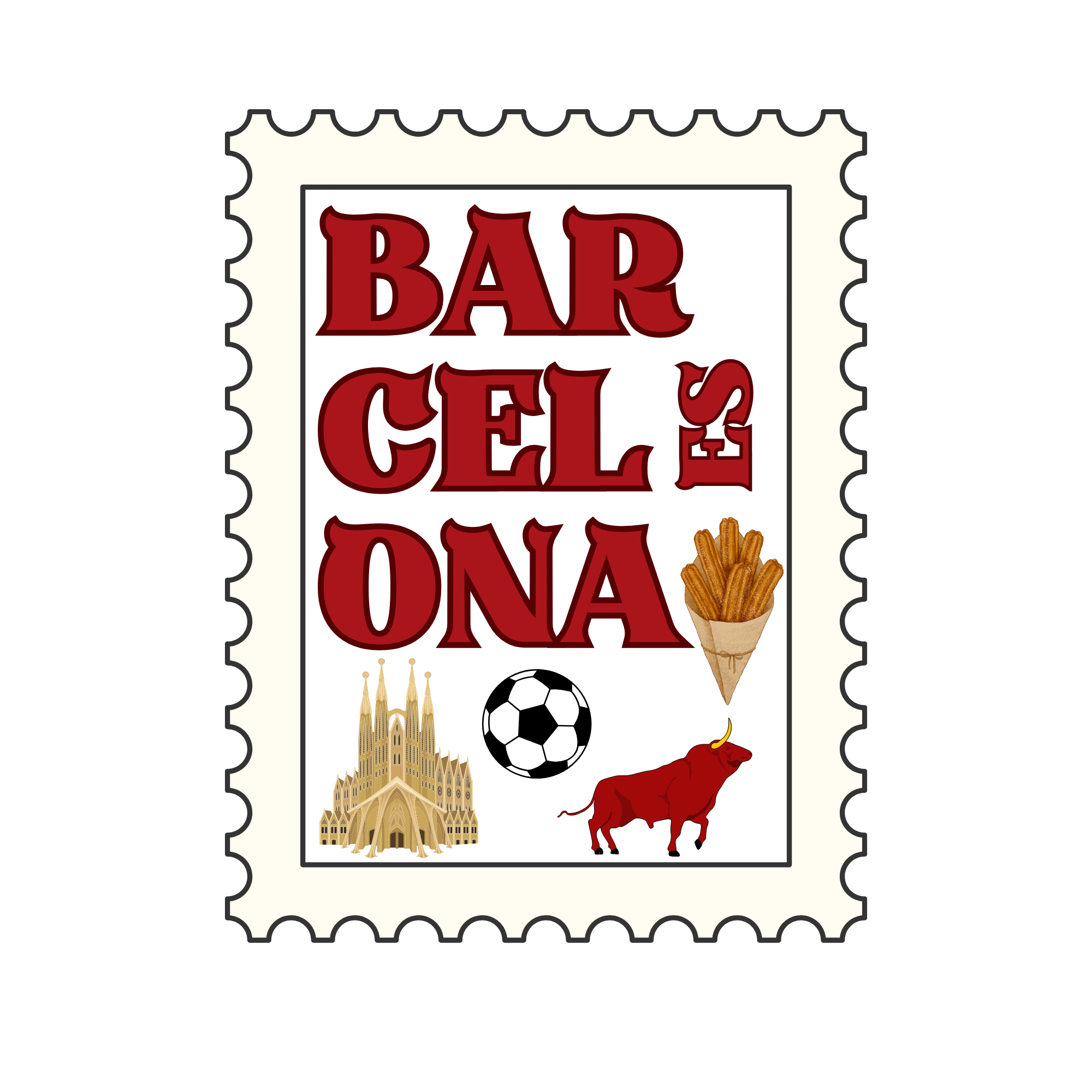A packaging design featuring a large red text label reading 'BAD CELLE D', a picture of a cathedral, a soccer ball, a bunch of french fries, a chili pepper, and a red cow.