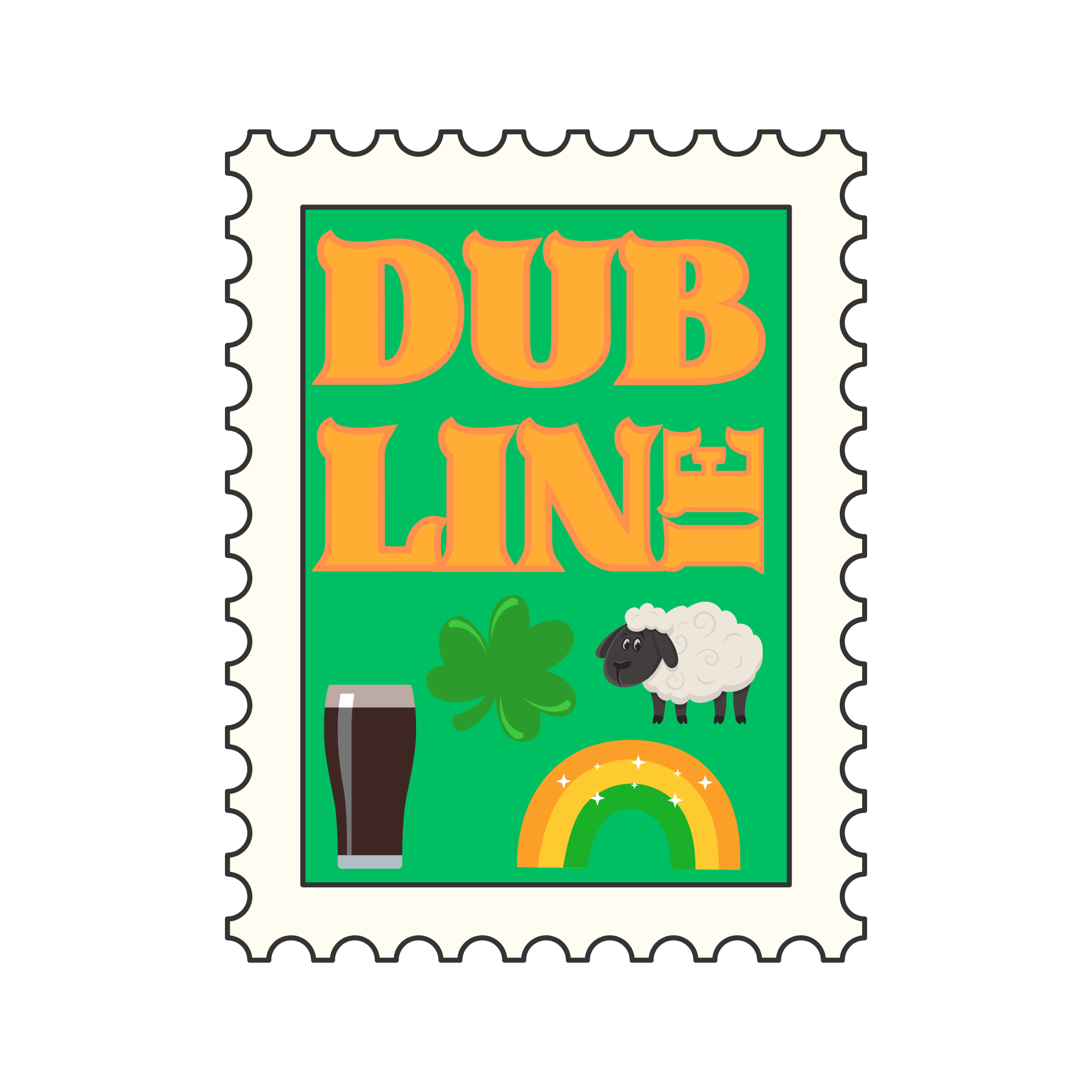 A colorful postage stamp featuring the word 'DUBLIN' in orange letters, a black sheep cartoon character, a four-leaf clover, a rainbow, a pint of dark beer, and a shamrock icon.